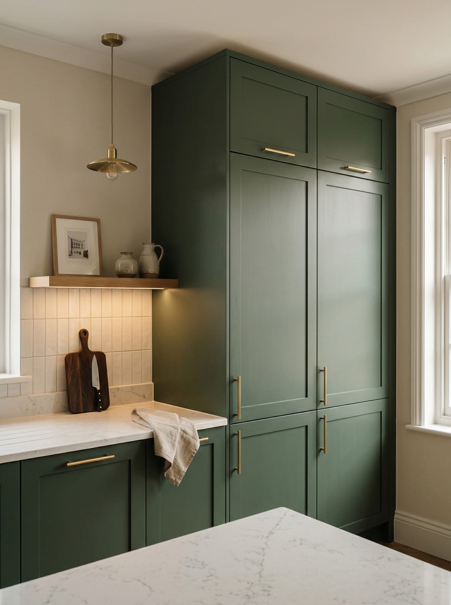 Full-height bespoke kitchen cabinetry by Mastercraft, matt painted handleless slab cabinetry