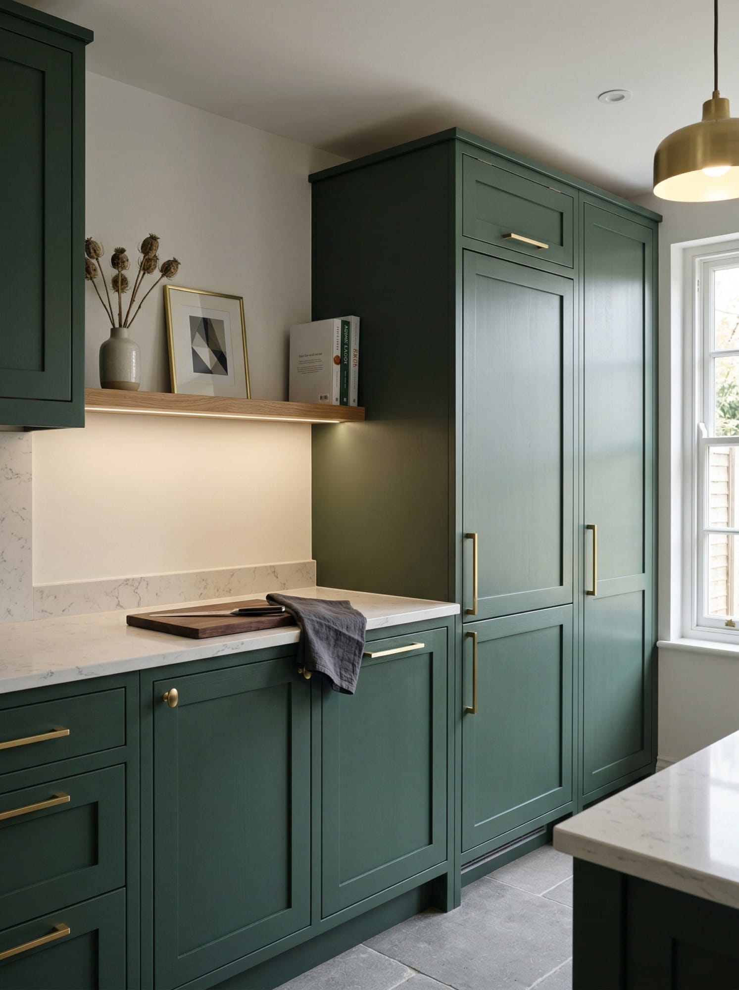 Full-height bespoke kitchen cabinetry by Mastercraft, matt painted handleless slab cabinetry