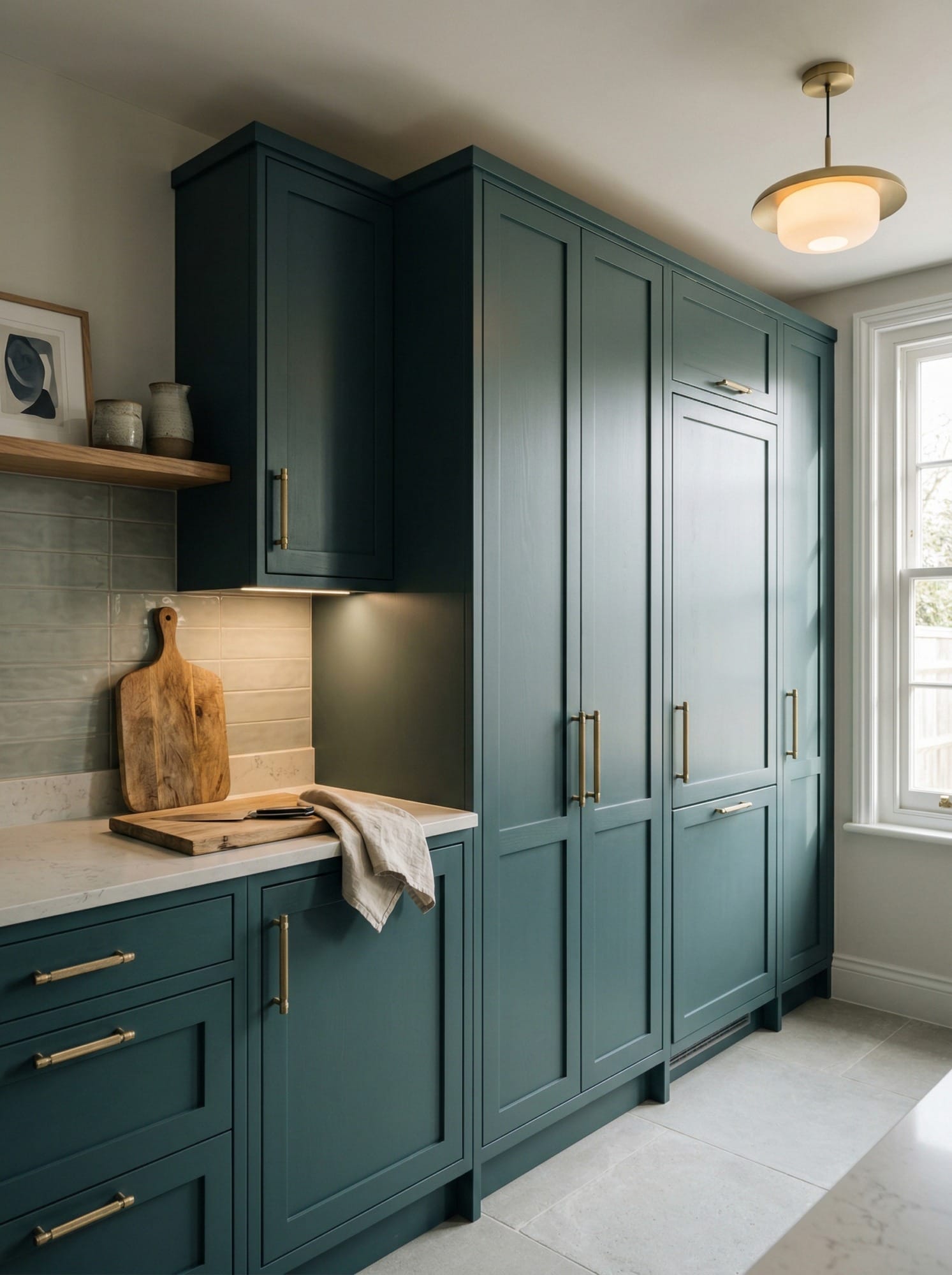 Full-height bespoke kitchen cabinetry by Mastercraft, contemporary painted lay-on cabinetry