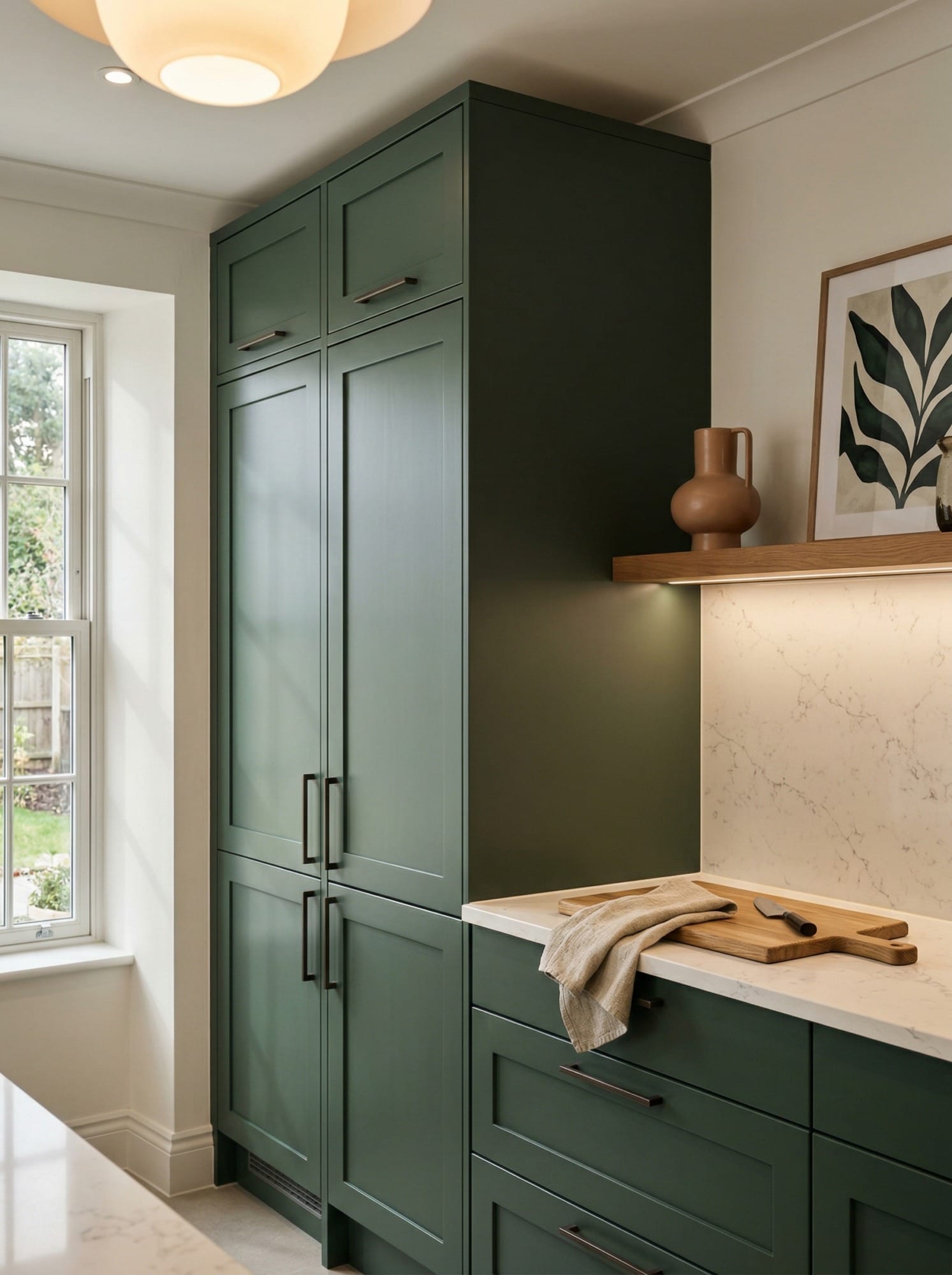 Tall view of full-height bespoke kitchen cabinetry, contemporary painted lay-on cabinetry