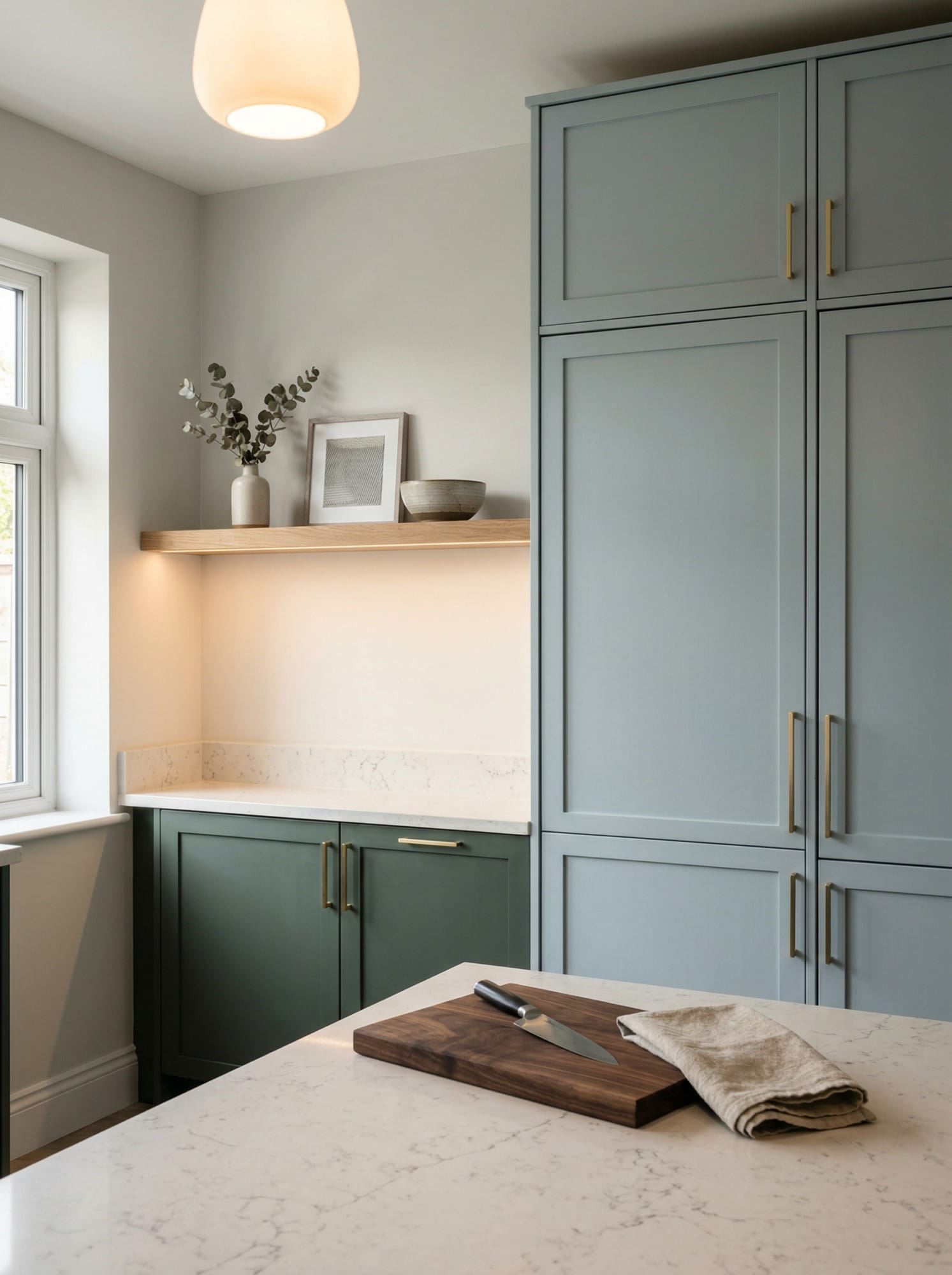 Full-height bespoke kitchen cabinetry by Mastercraft, contemporary painted lay-on cabinetry