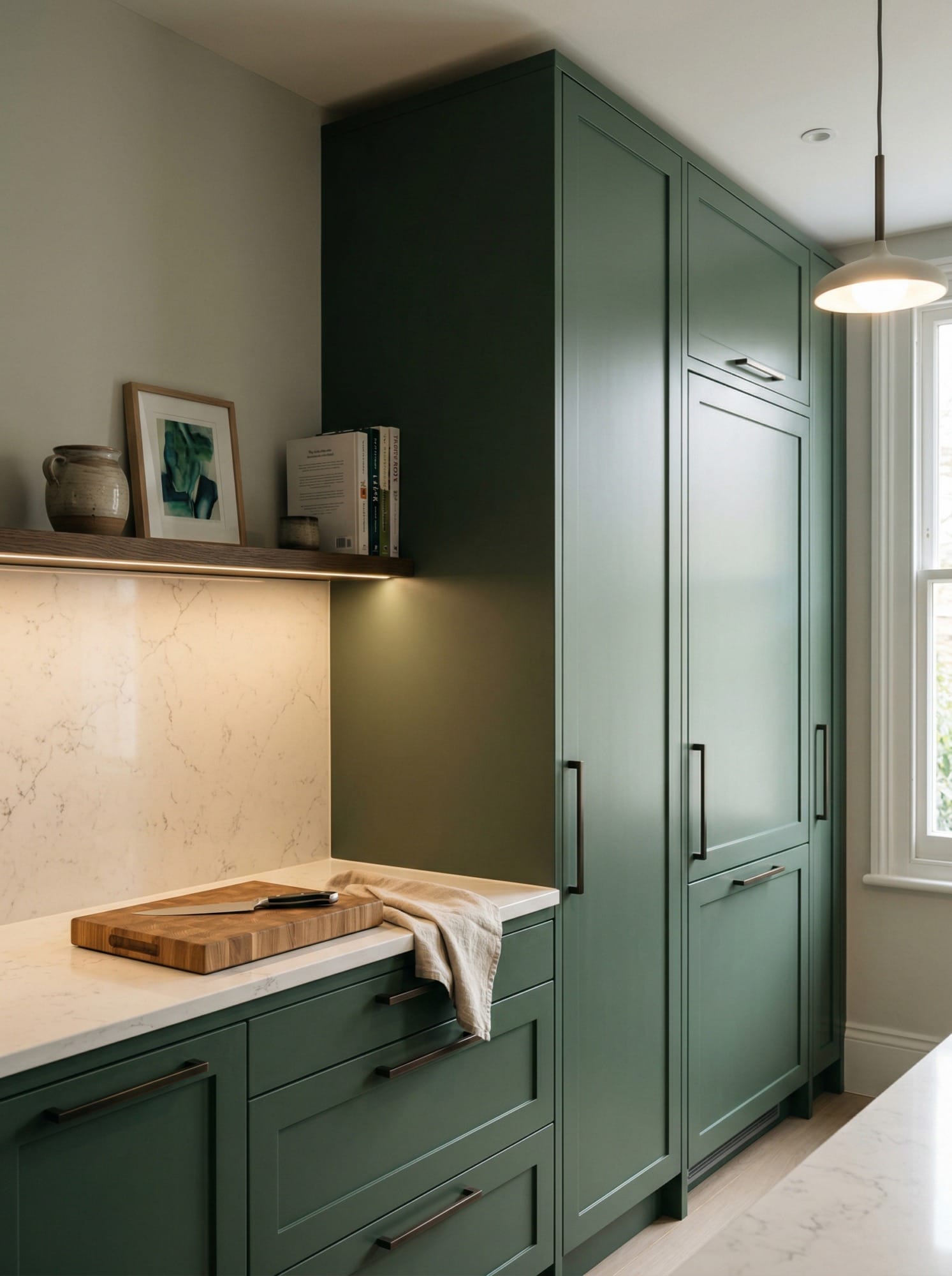 Full-height bespoke kitchen cabinetry by Mastercraft, contemporary painted lay-on cabinetry