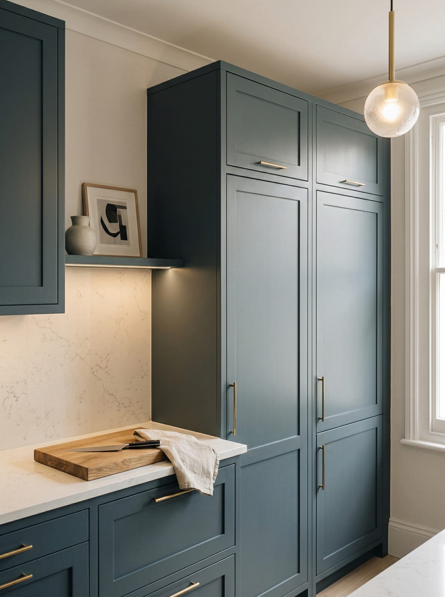 Full-height bespoke kitchen cabinetry by Mastercraft, contemporary painted lay-on cabinetry