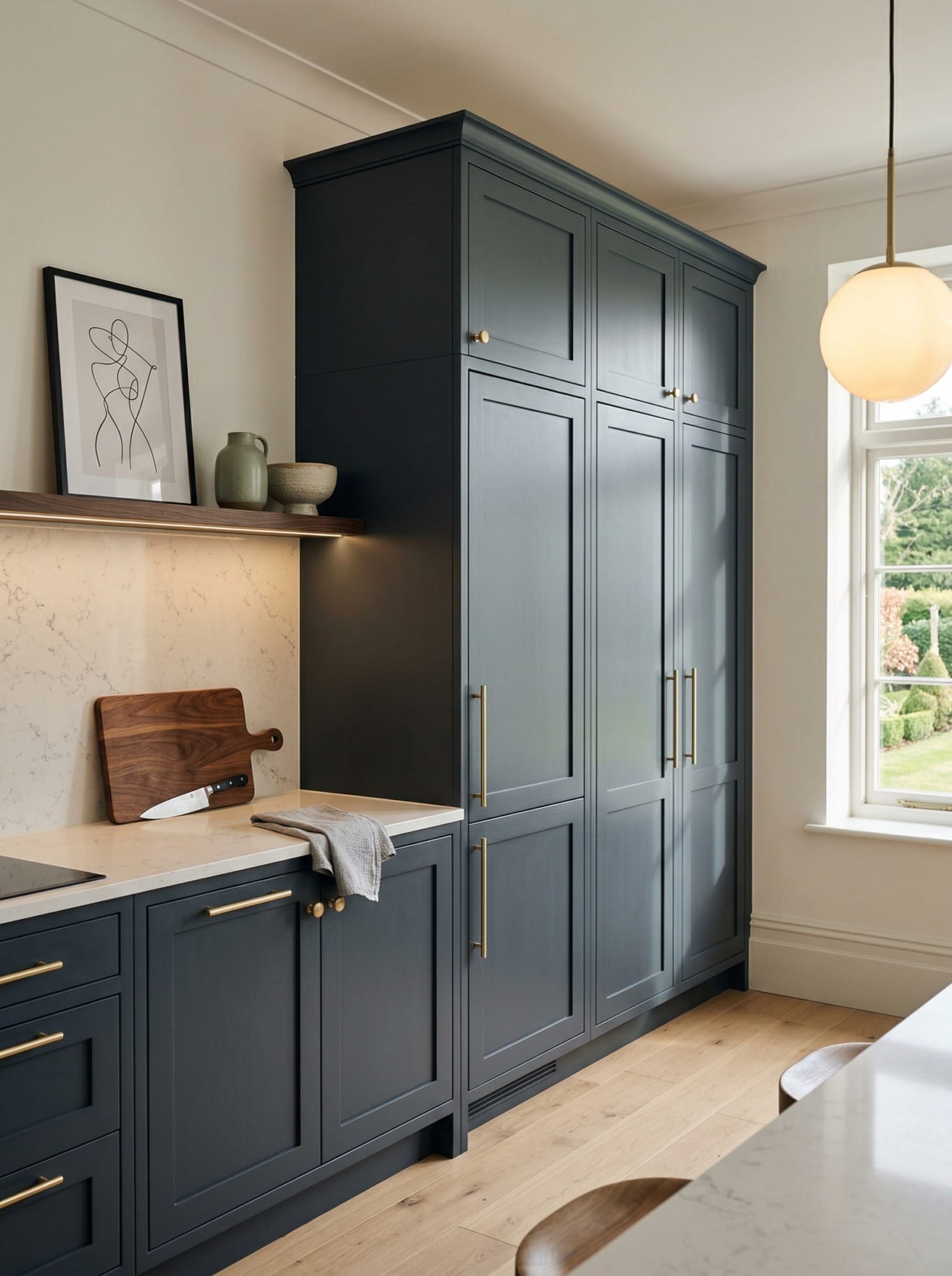 Full-height bespoke kitchen cabinetry by Mastercraft, matt painted handleless slab cabinetry