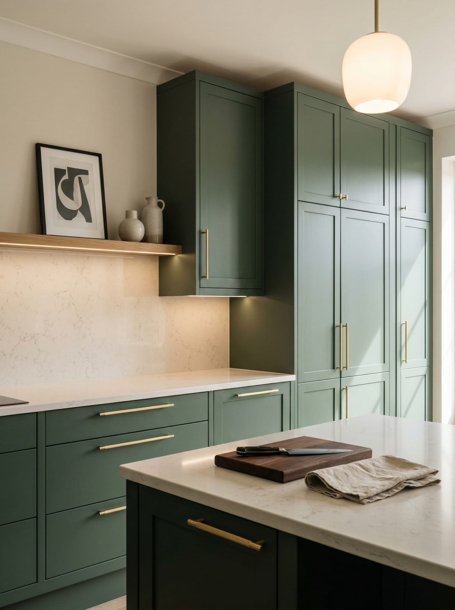 Full-height bespoke kitchen cabinetry by Mastercraft, matt painted handleless slab cabinetry