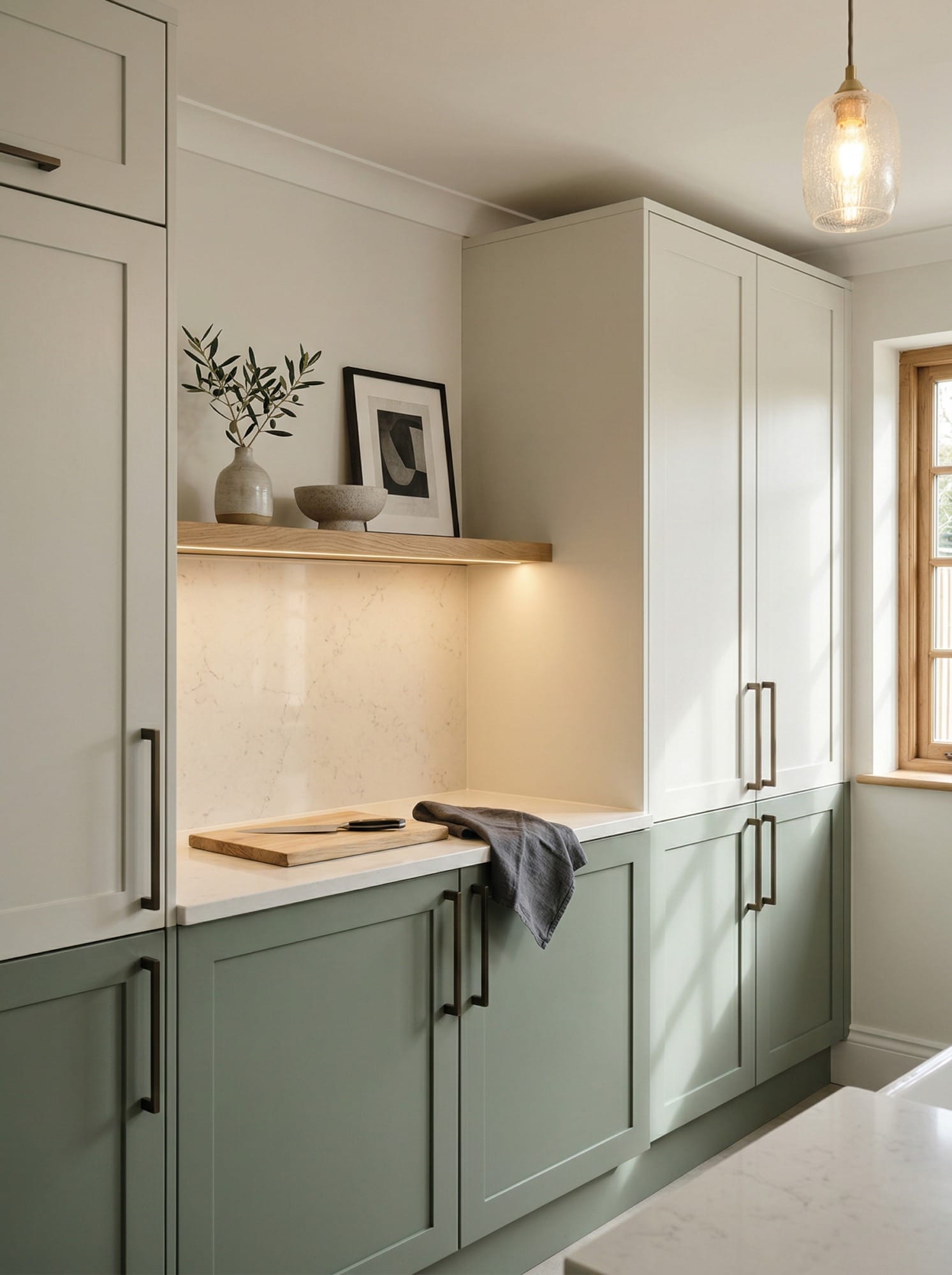 Full-height bespoke kitchen cabinetry by Mastercraft, matt painted handleless slab cabinetry