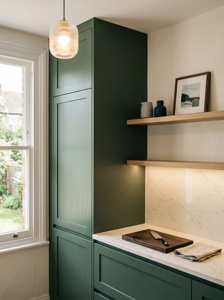 Tall view of full-height bespoke kitchen cabinetry, modern shaker cabinetry