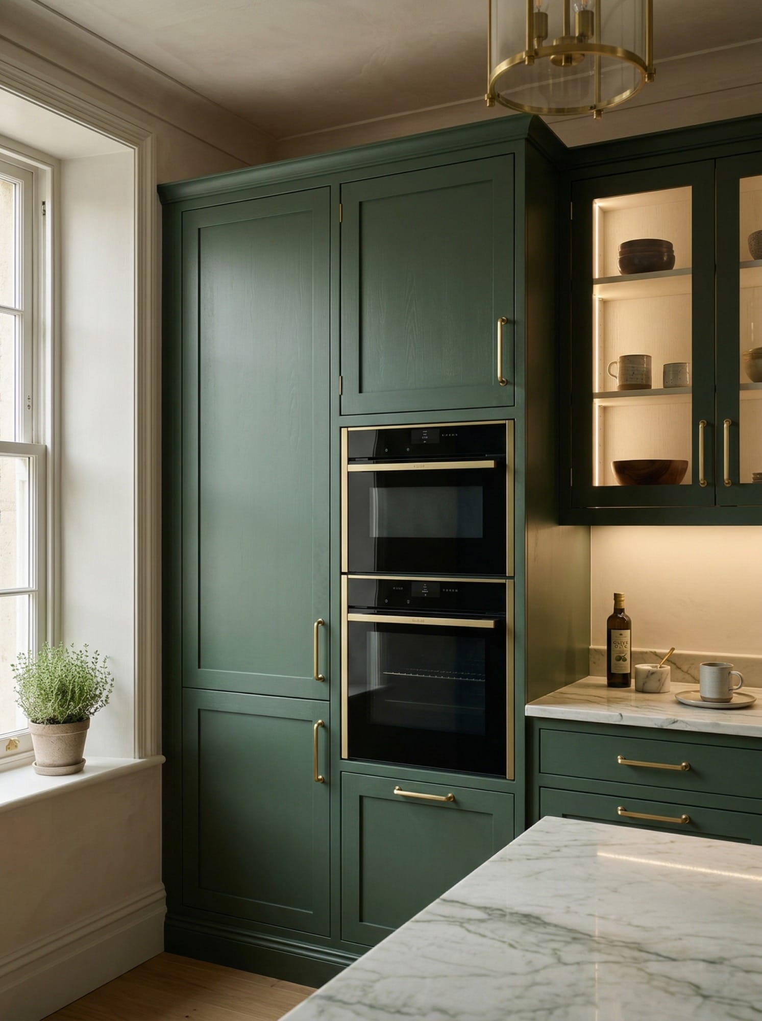 sage green kitchen units with brass handles and marble worktop