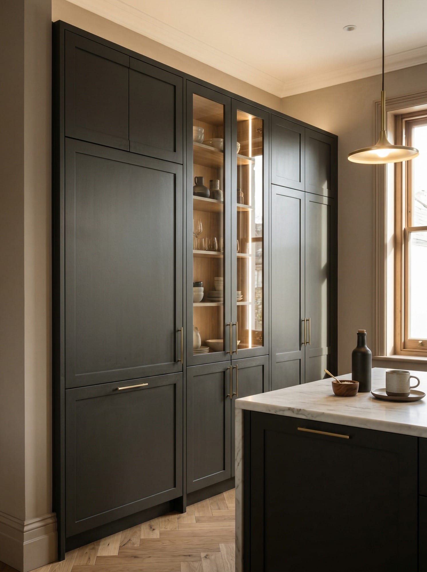 portrait2_600x800-111 dark matte cabinets with brass handles and glass display section