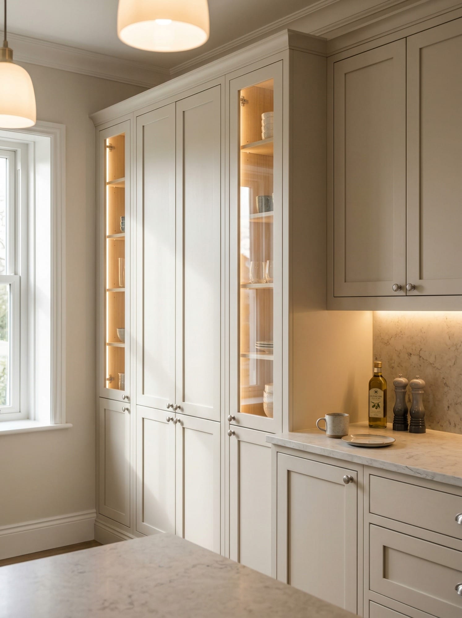 Bespoke kitchen installation, full-height cabinetry and considered storage design