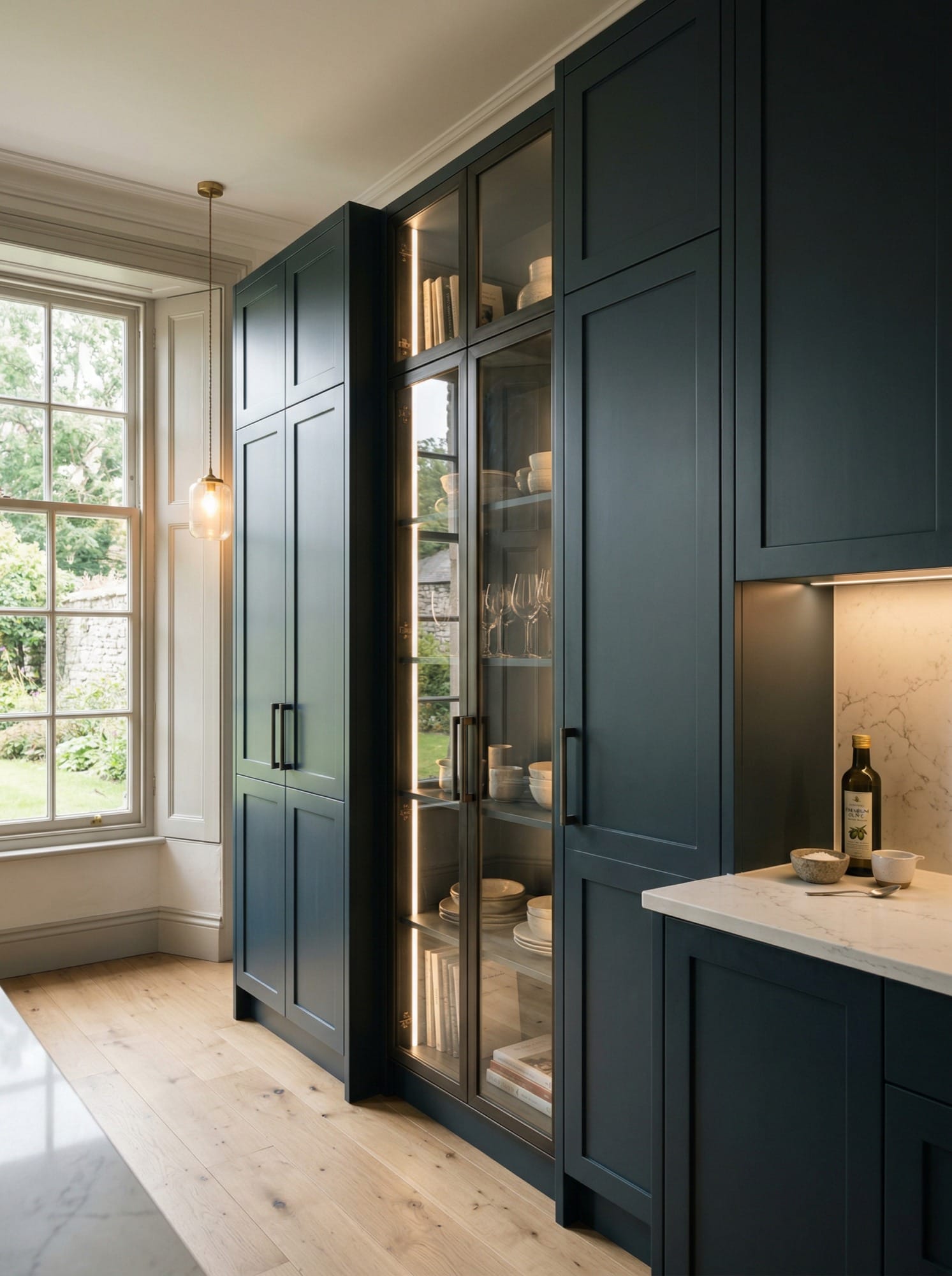 Bespoke kitchen installation, full-height cabinetry and considered storage design