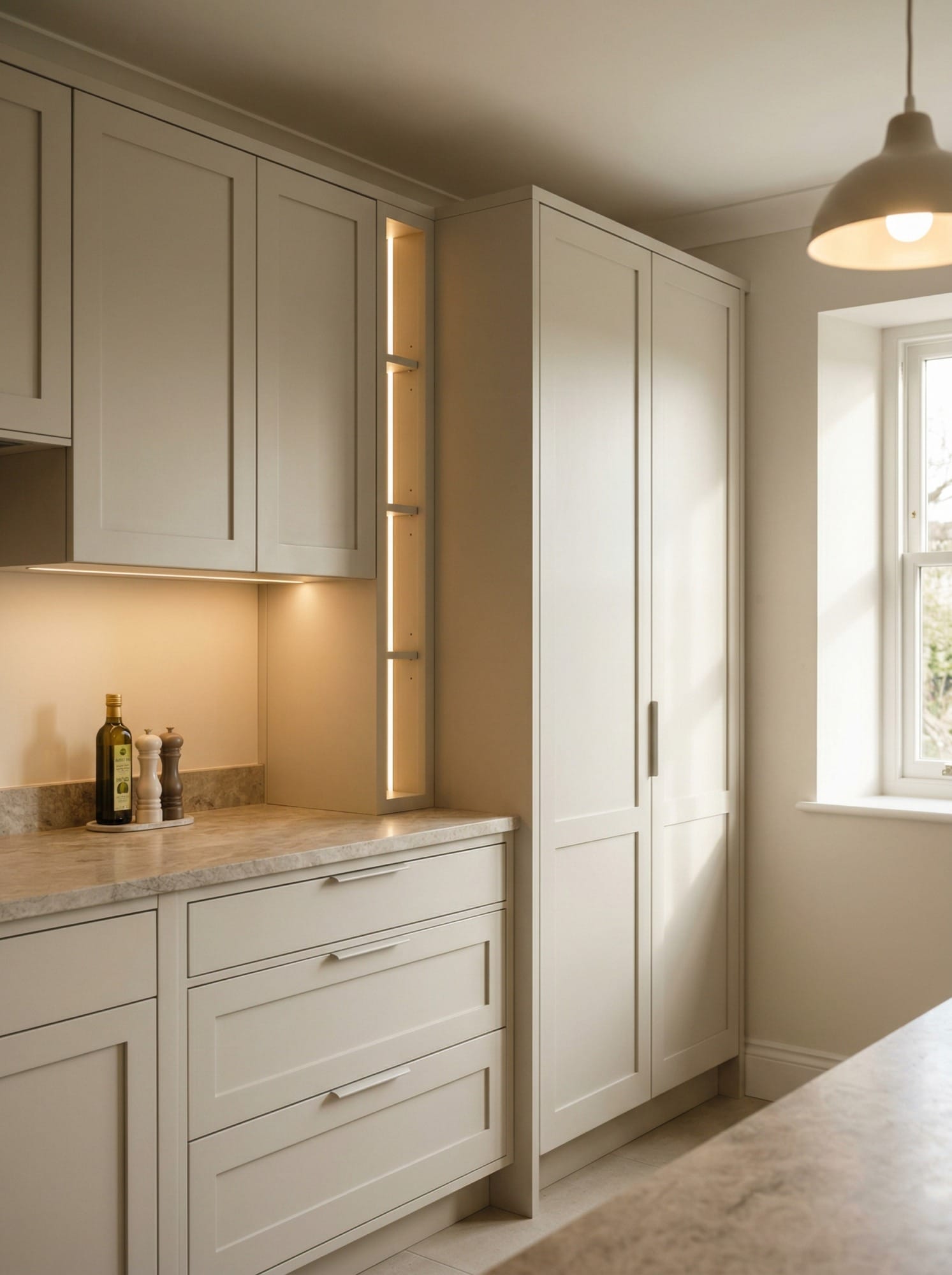 Bespoke kitchen installation, full-height cabinetry and considered storage design