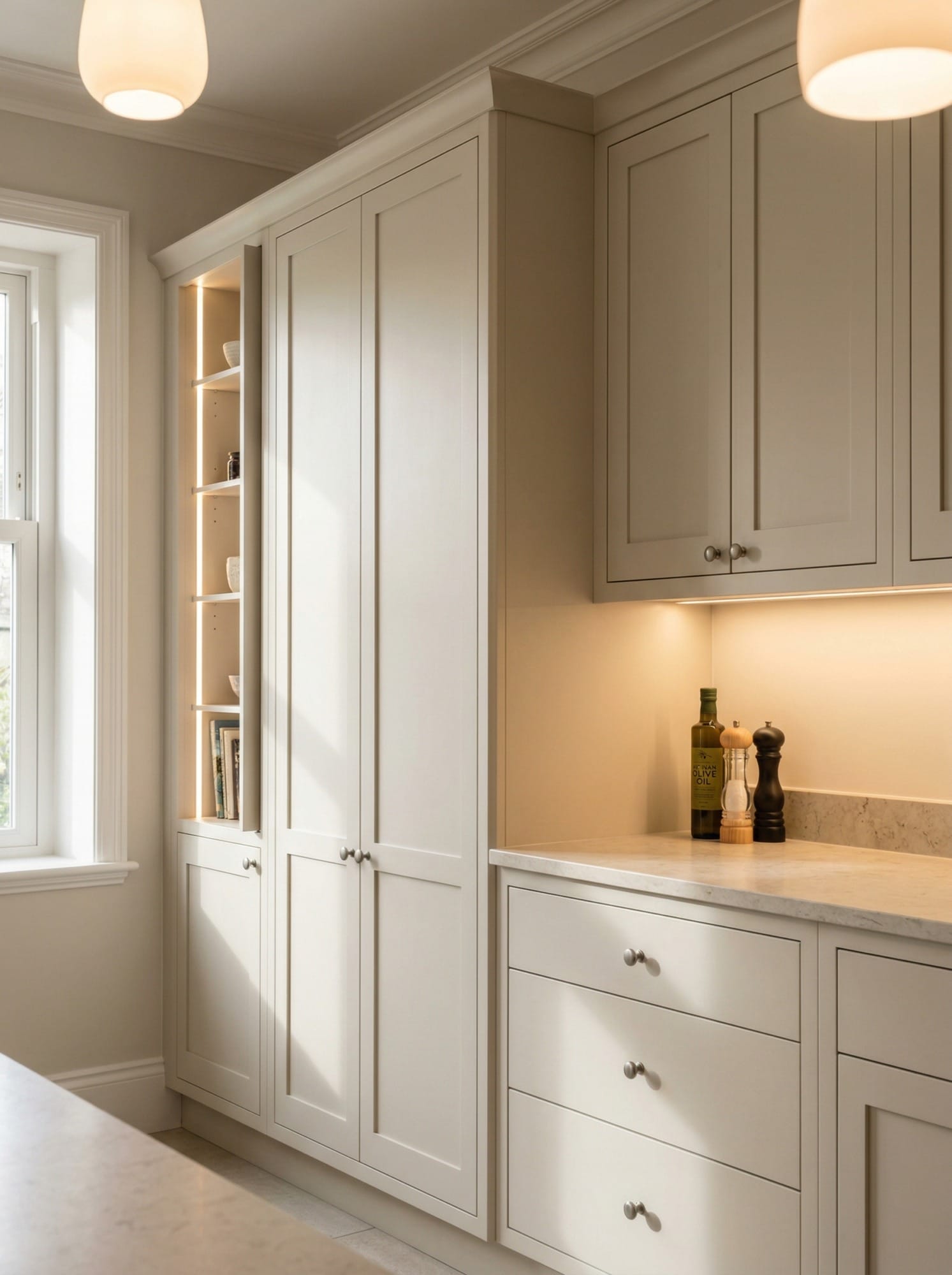 Bespoke kitchen installation, full-height cabinetry and considered storage design