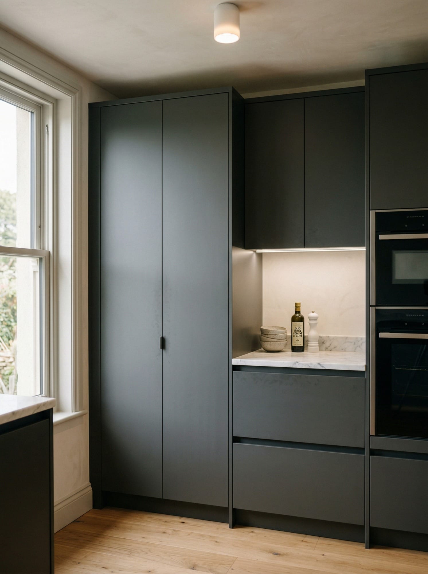 Bespoke kitchen installation, full-height cabinetry and considered storage design