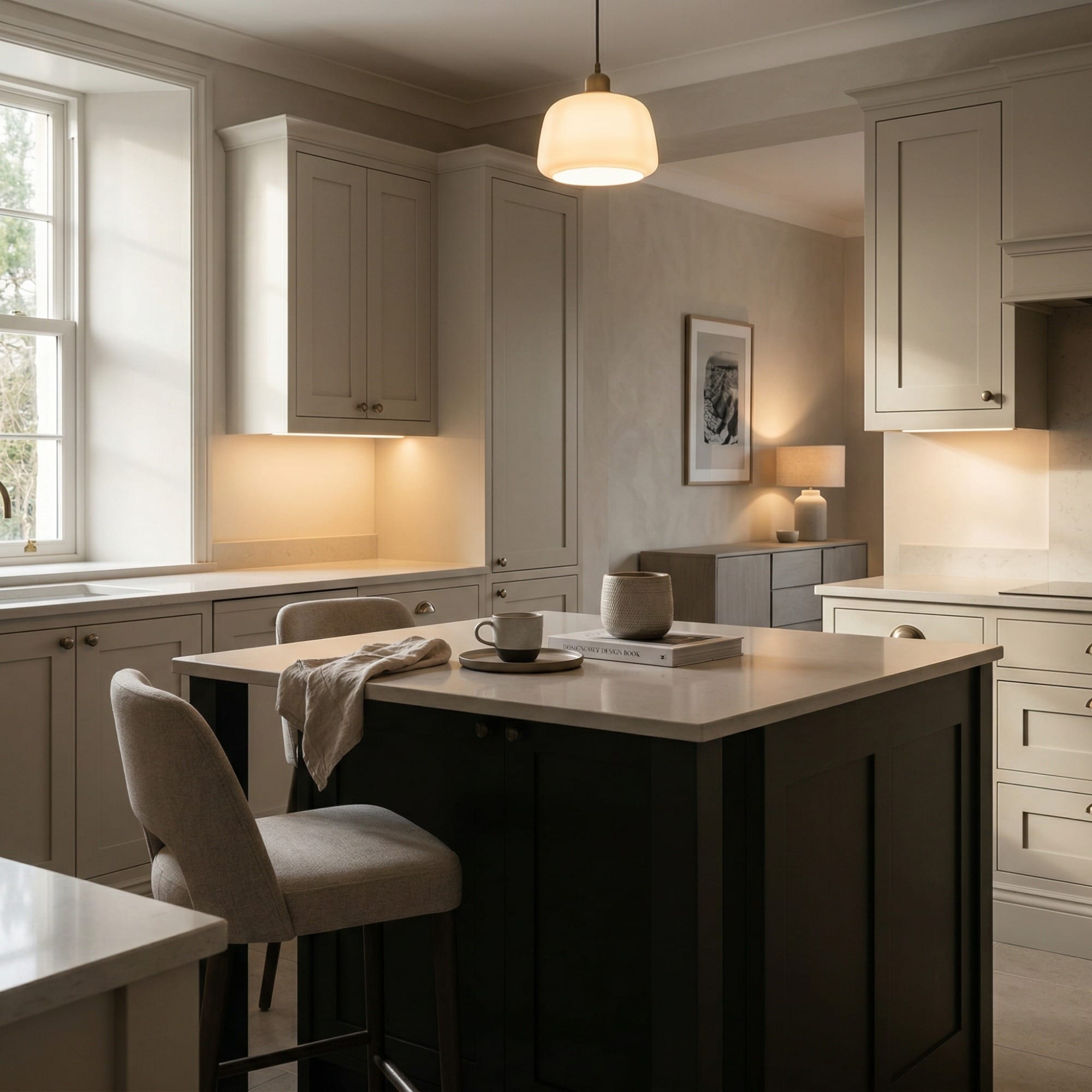 Bespoke kitchen island detail, matt painted handleless slab cabinetry with quality joinery