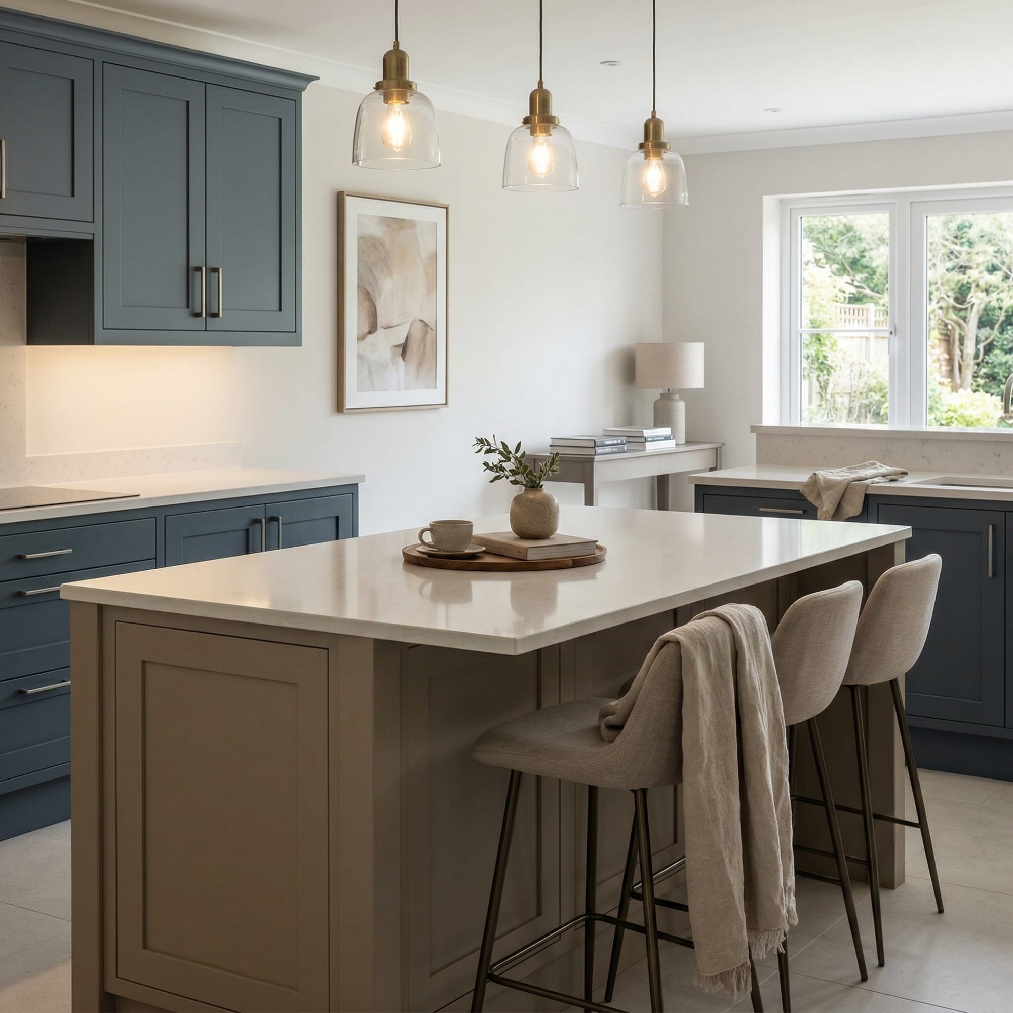 Kitchen island detail, matt painted handleless slab cabinetry with quality joinery by Mastercraft
