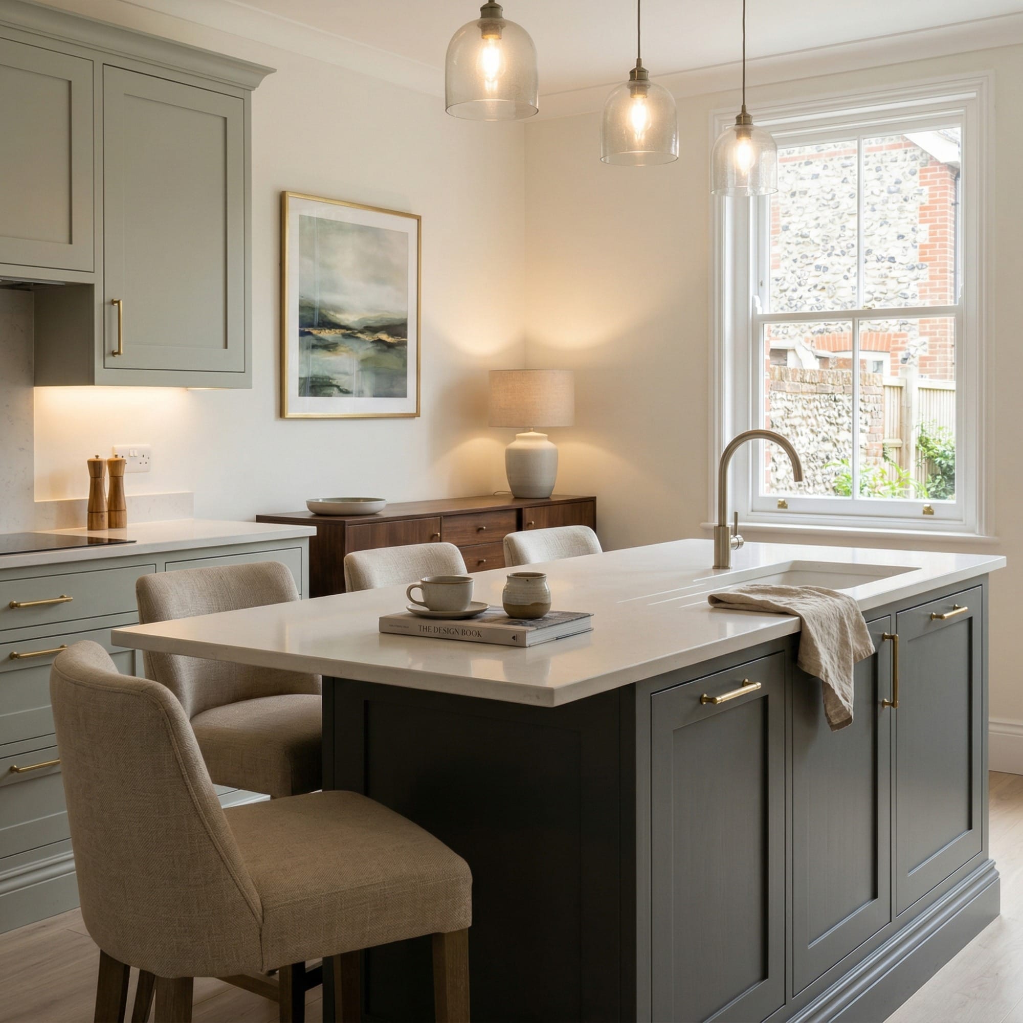 Kitchen island detail, contemporary painted lay-on cabinetry with quality joinery by Mastercraft