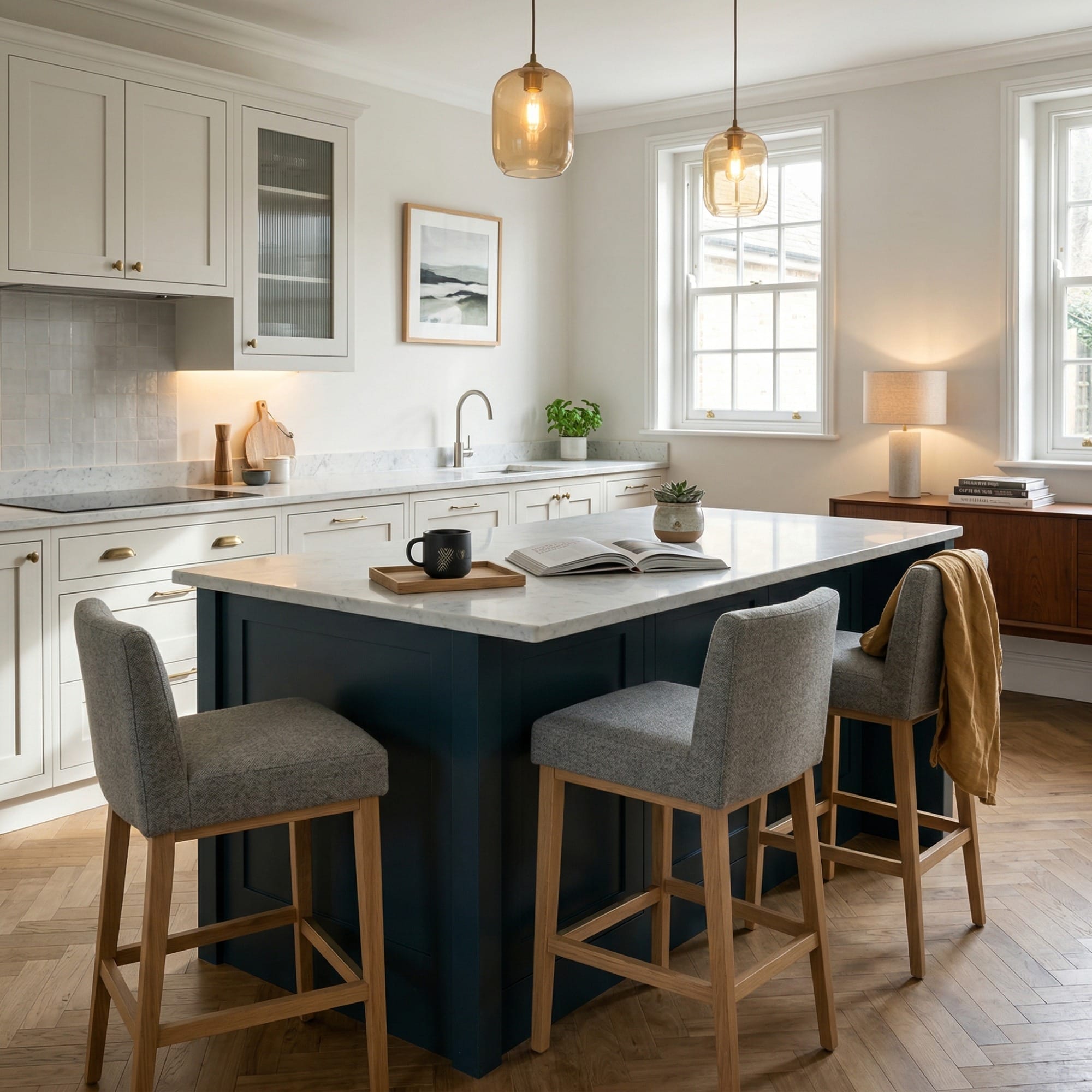 Kitchen island detail, matt painted handleless slab cabinetry with quality joinery by Mastercraft