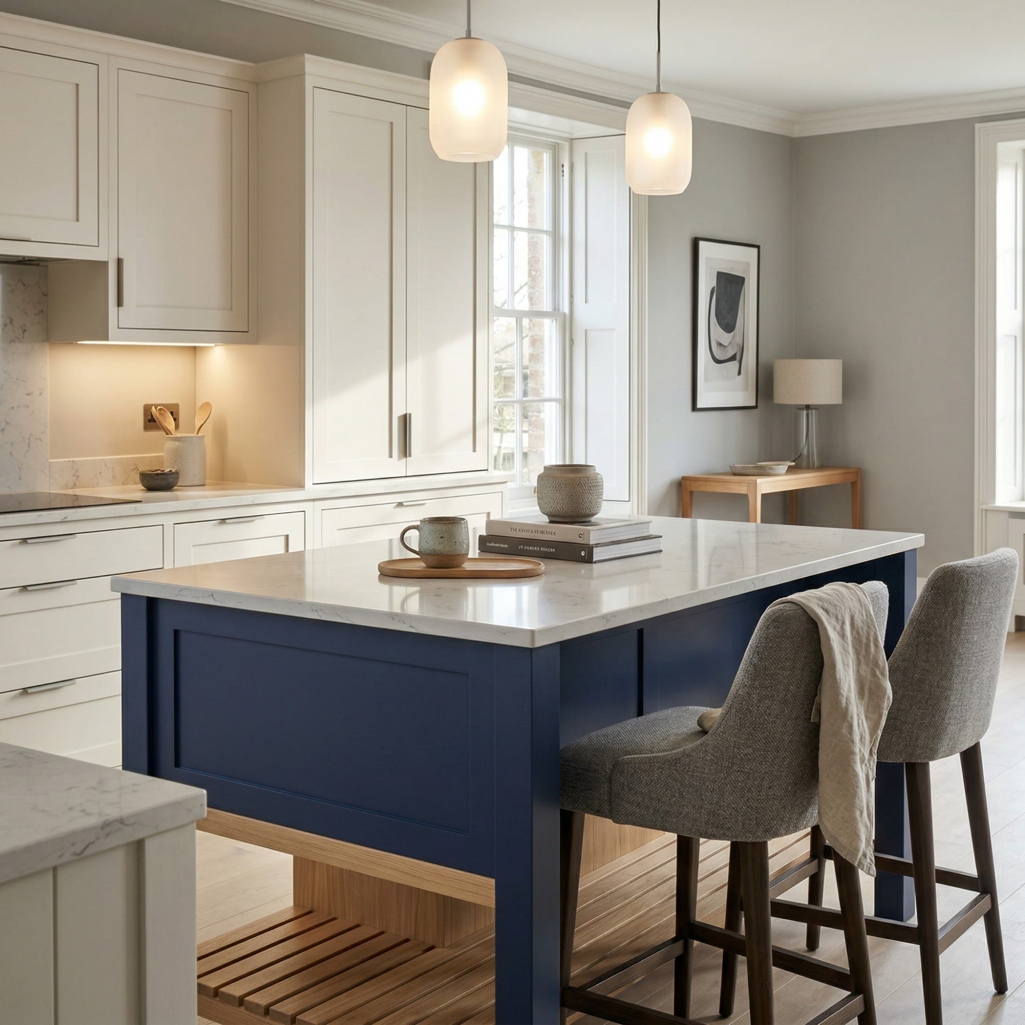 square1_800x800-108 Kitchen island detail, matt painted handleless slab cabinetry with quality joinery by Mastercraft