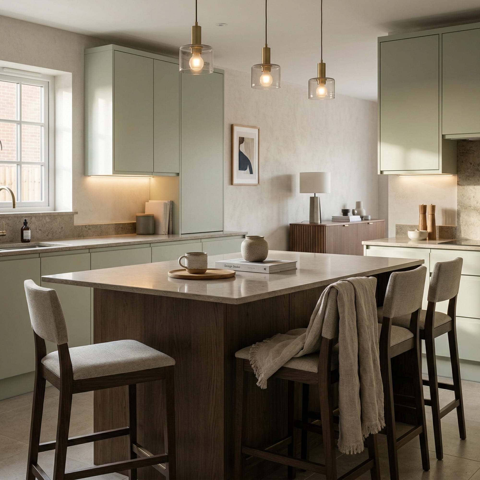 Kitchen island detail, contemporary painted lay-on cabinetry with quality joinery by Mastercraft