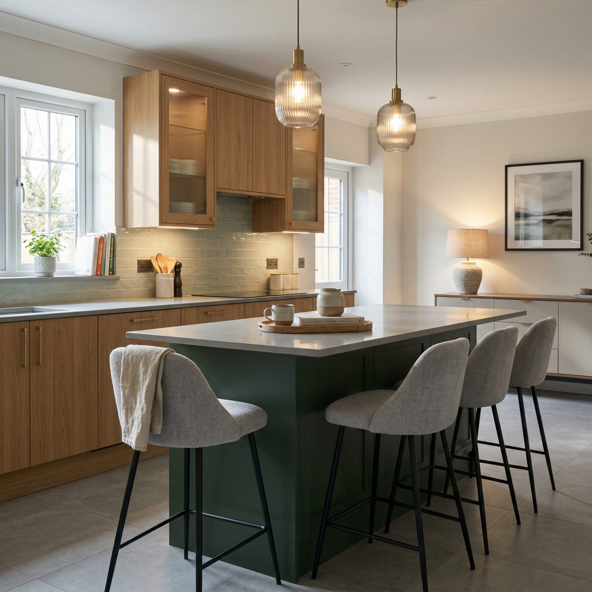 Kitchen island detail, contemporary painted lay-on cabinetry with quality joinery by Mastercraft