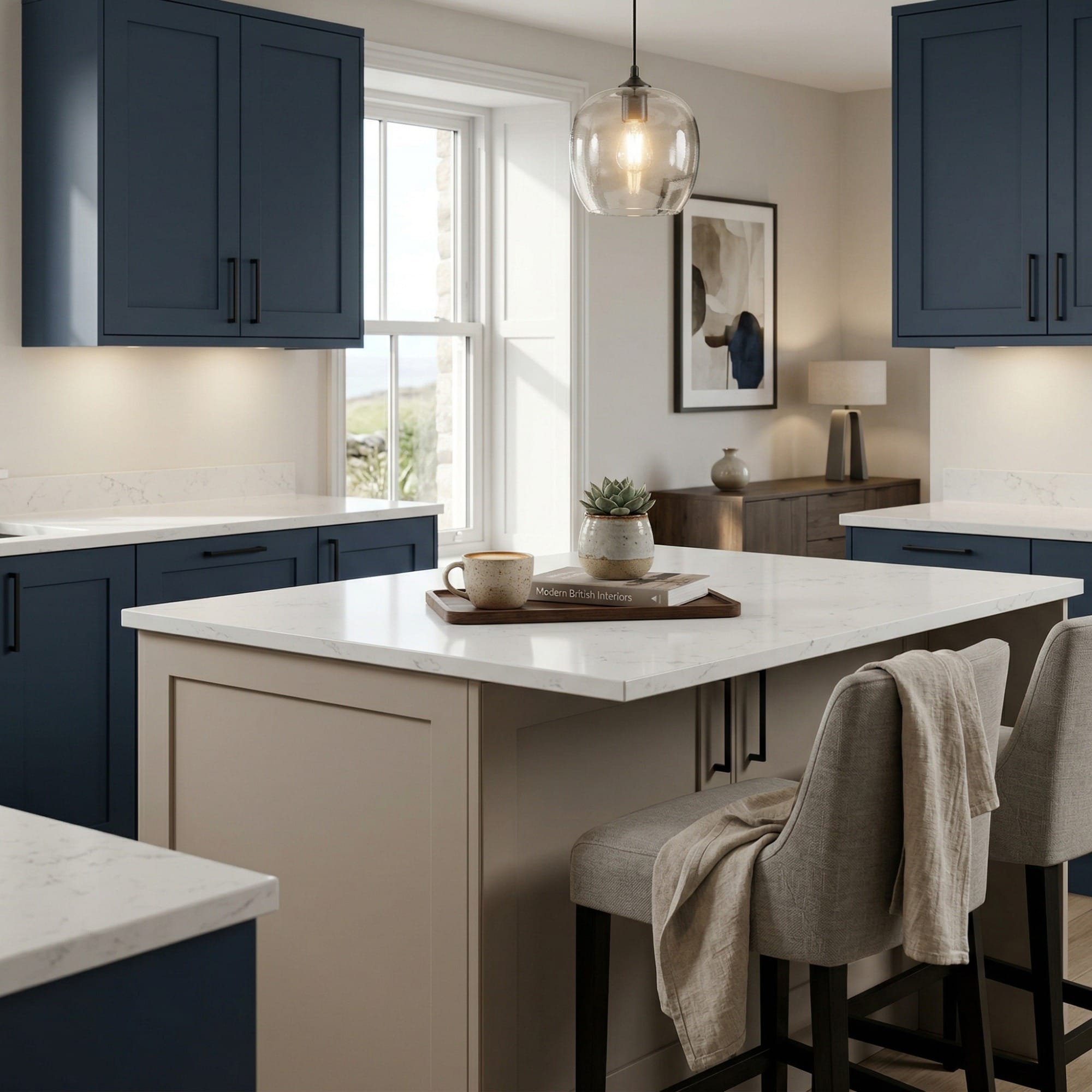 Bespoke kitchen island detail, contemporary painted lay-on cabinetry with quality joinery