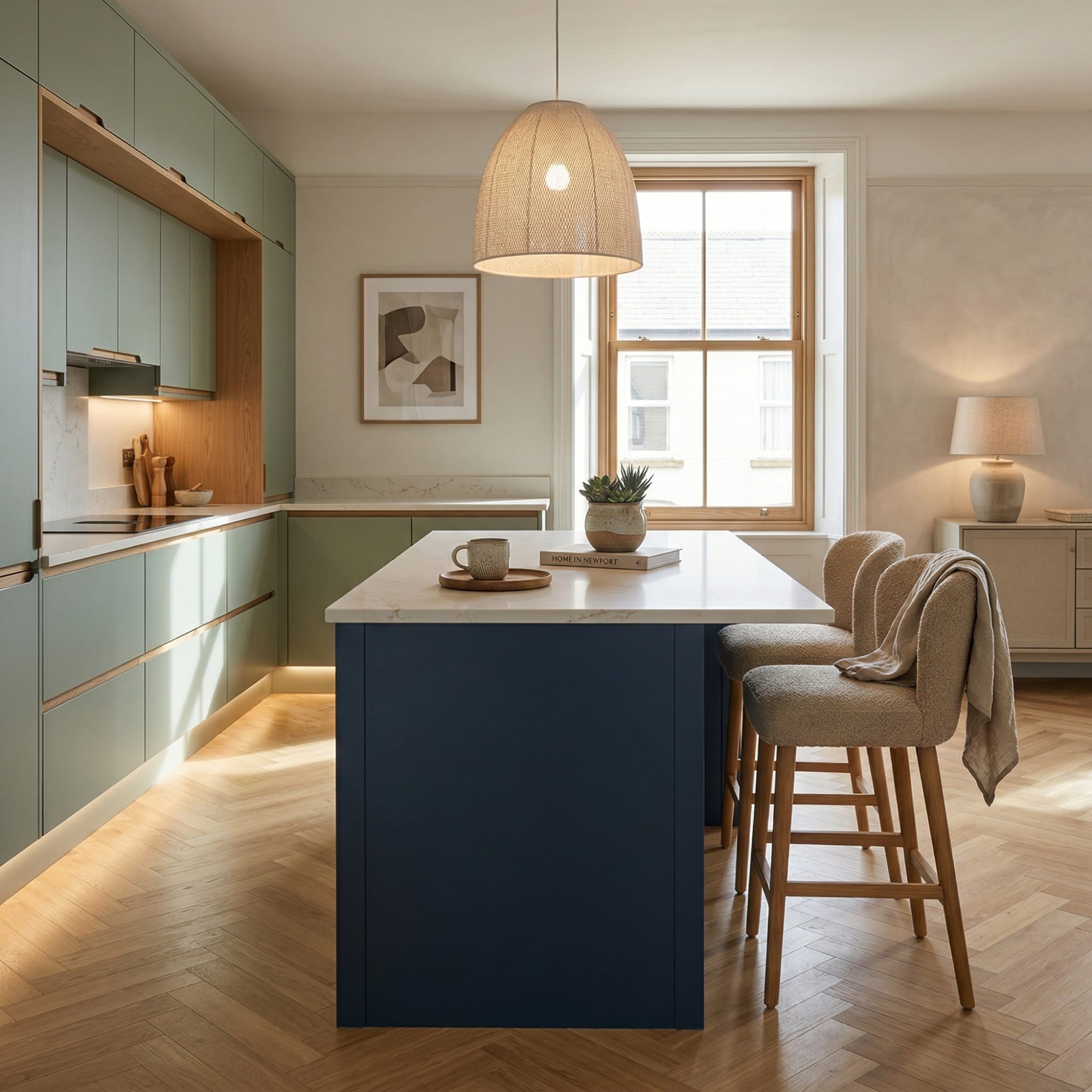 sage green cabinets, navy island, herringbone wood floor, pendant light