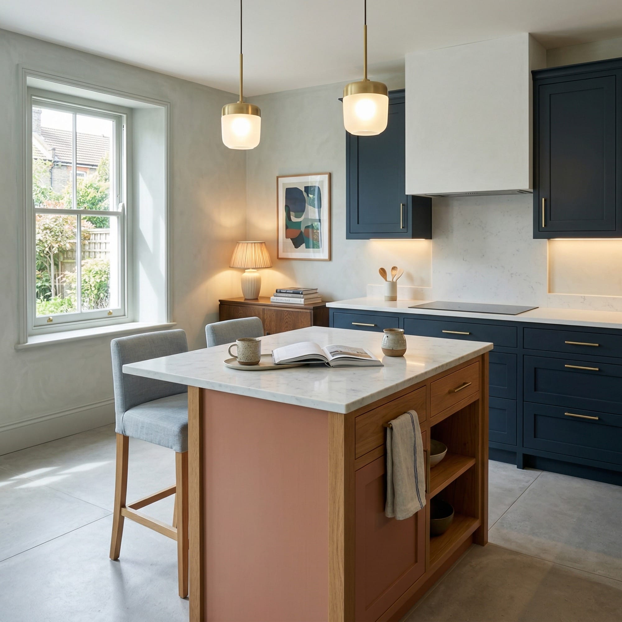 Kitchen island detail, contemporary painted lay-on cabinetry with quality joinery by Mastercraft