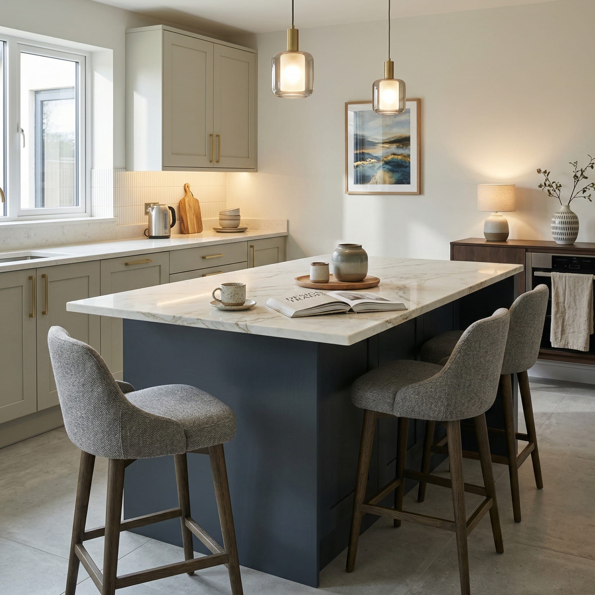 Bespoke kitchen island detail, contemporary painted lay-on cabinetry with quality joinery