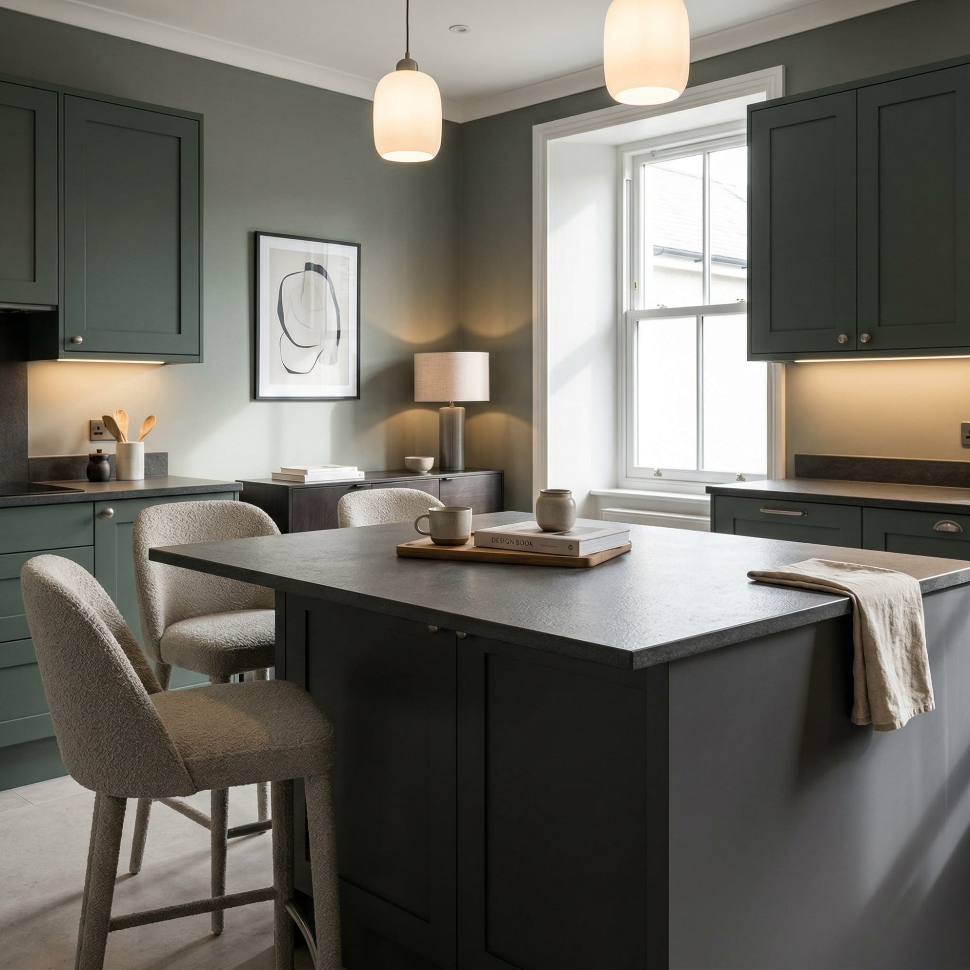 Bespoke kitchen island detail, timber veneer slab-door cabinetry with quality joinery