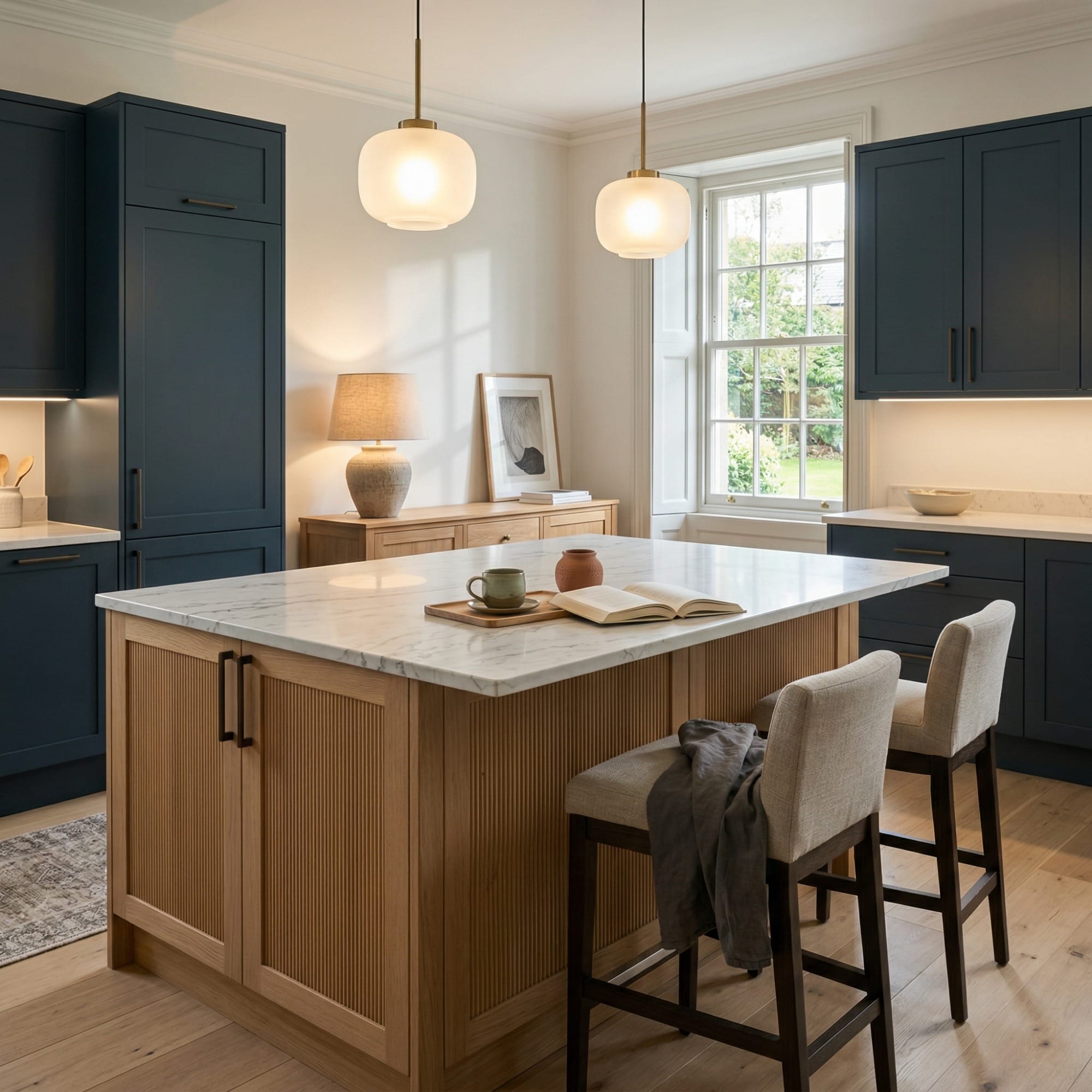 Bespoke kitchen island detail, contemporary painted lay-on cabinetry with quality joinery