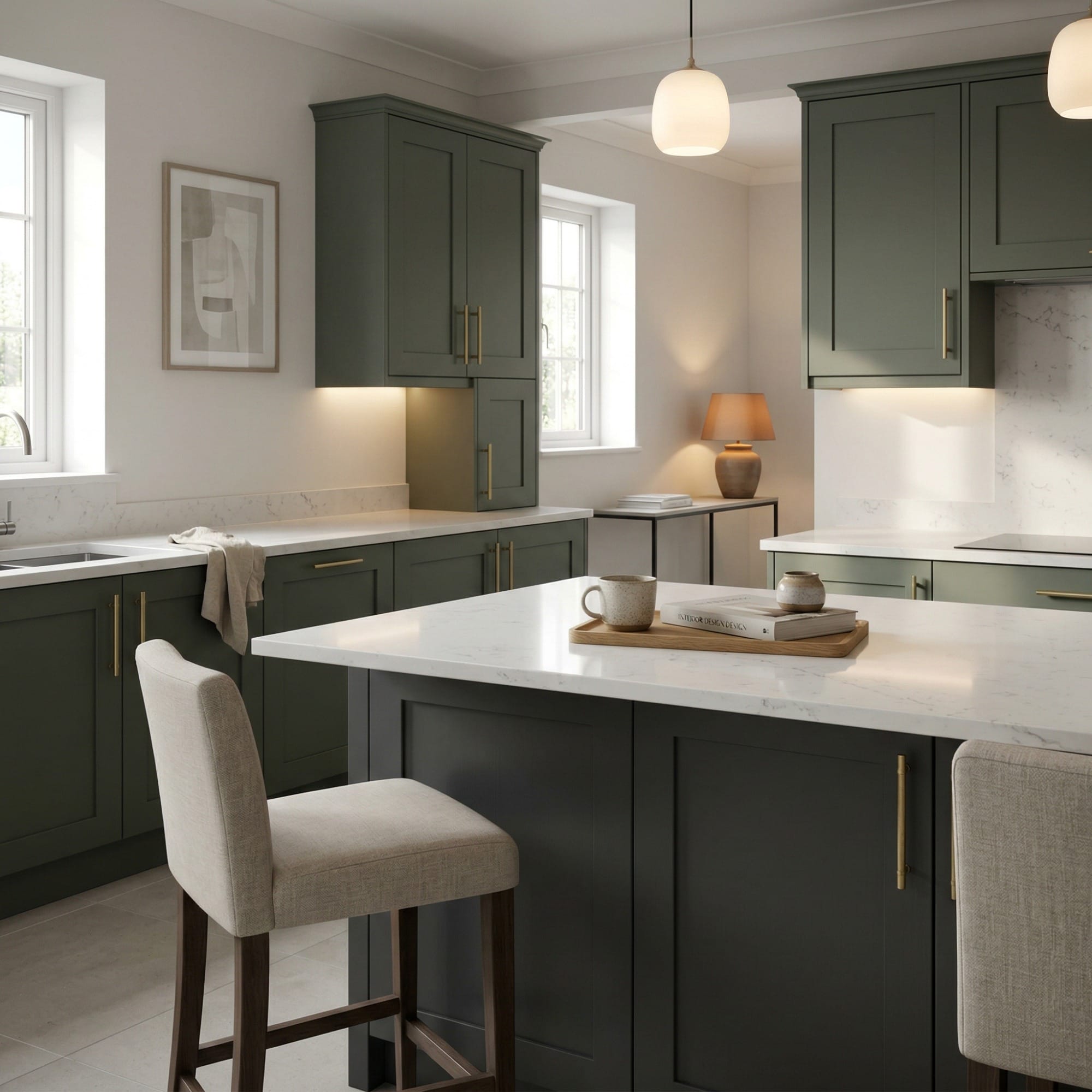 Bespoke kitchen island detail, matt painted handleless slab cabinetry with quality joinery