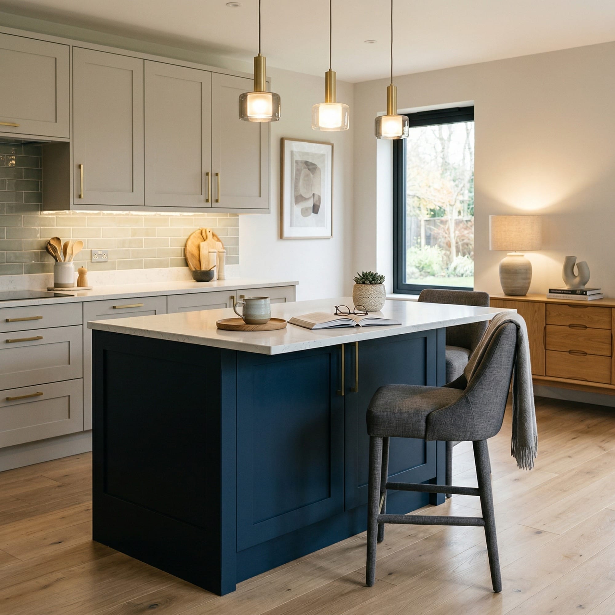 Bespoke kitchen island detail, matt painted handleless slab cabinetry with quality joinery