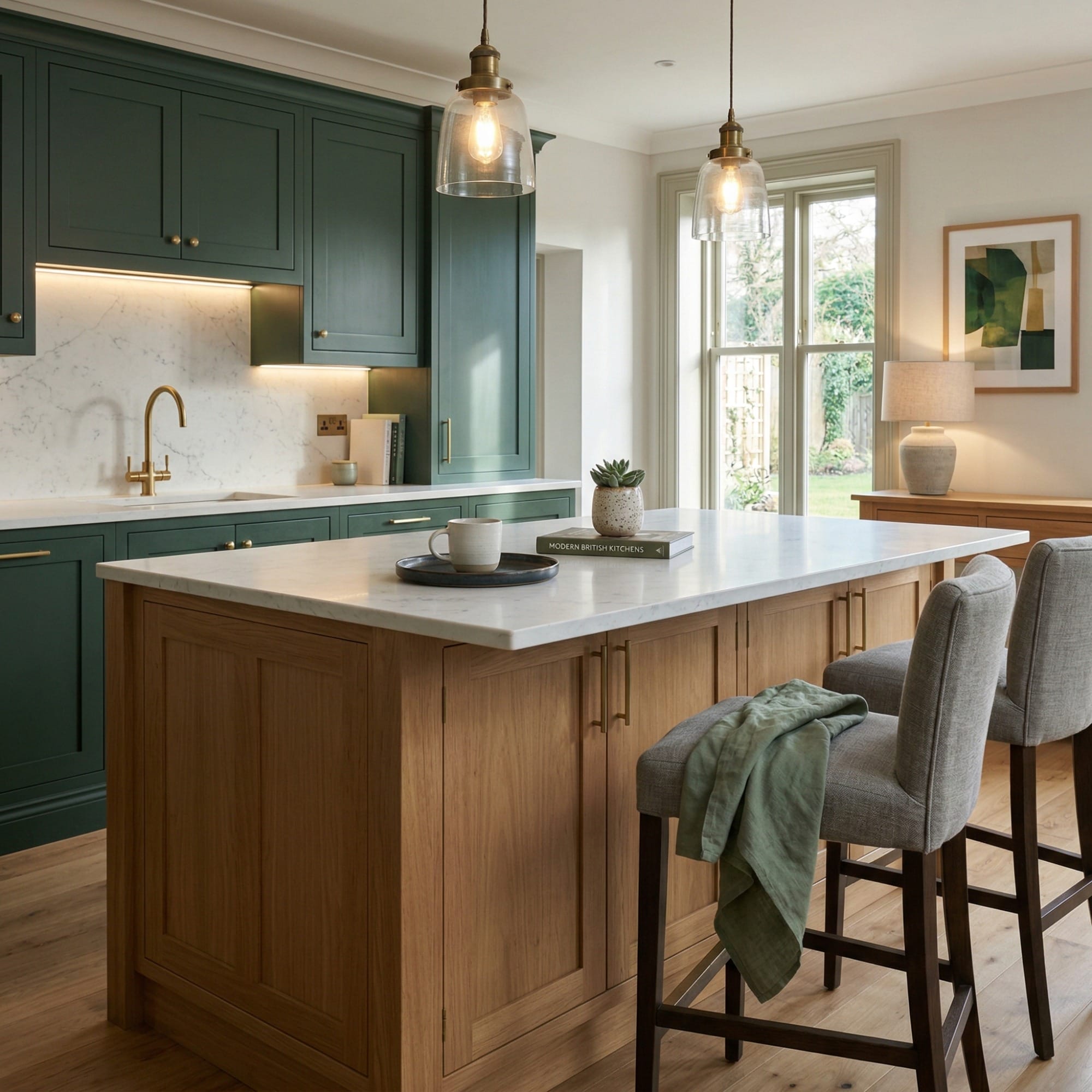 Bespoke kitchen island detail, matt painted handleless slab cabinetry with quality joinery