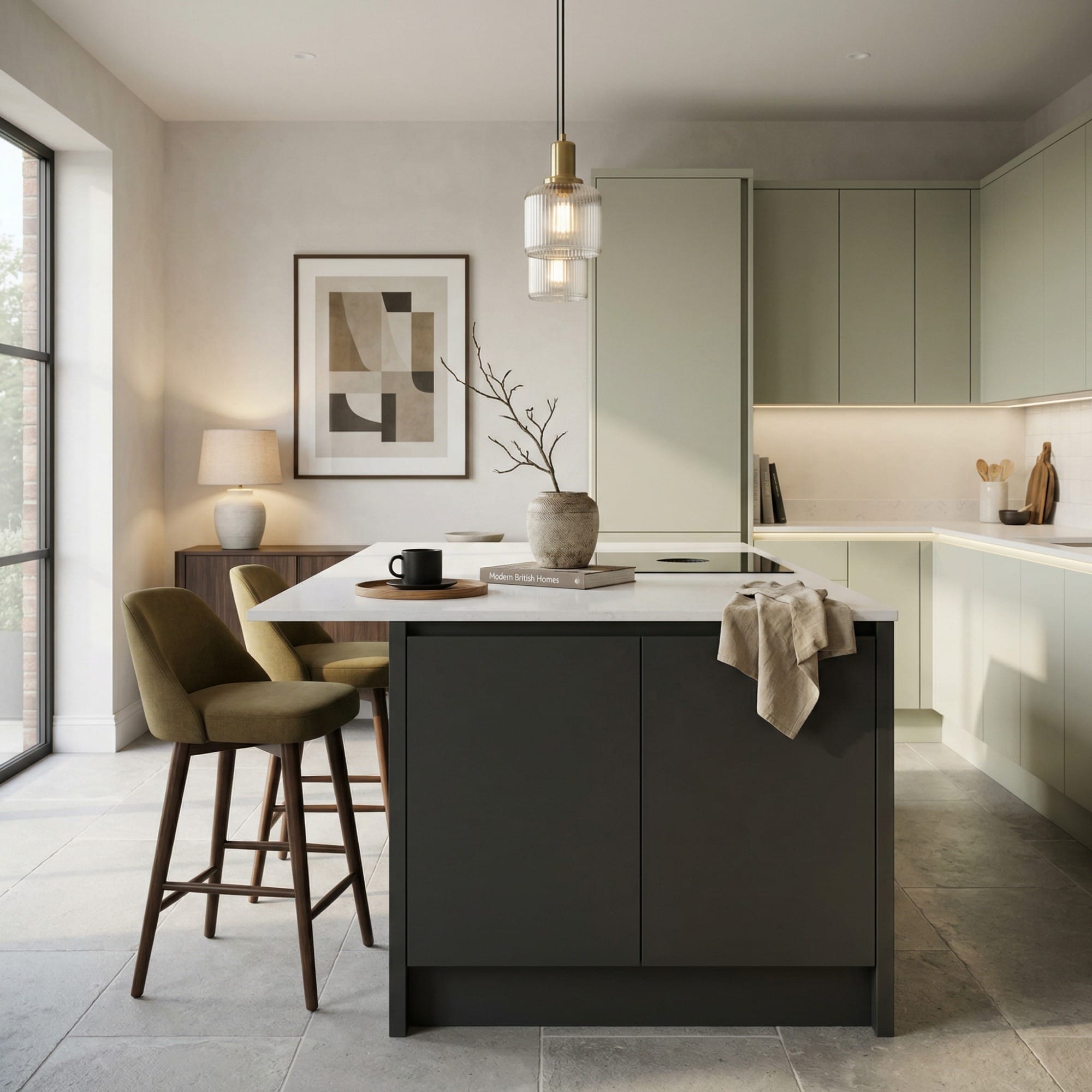 Bespoke kitchen island detail, contemporary painted lay-on cabinetry with quality joinery