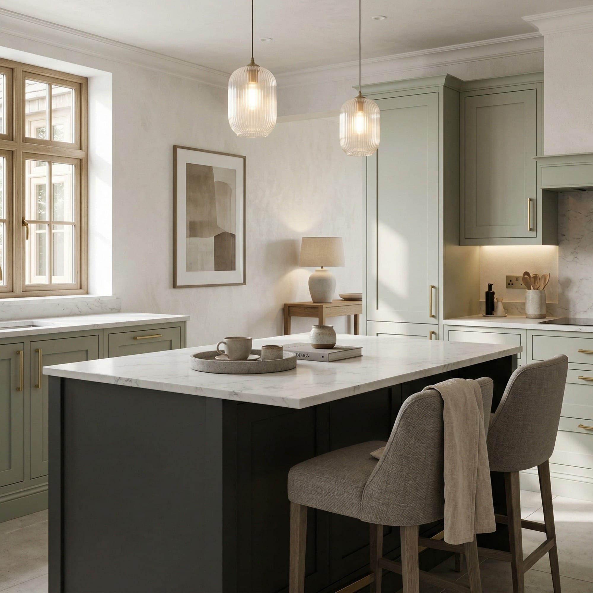 Bespoke kitchen island detail, contemporary painted lay-on cabinetry with quality joinery