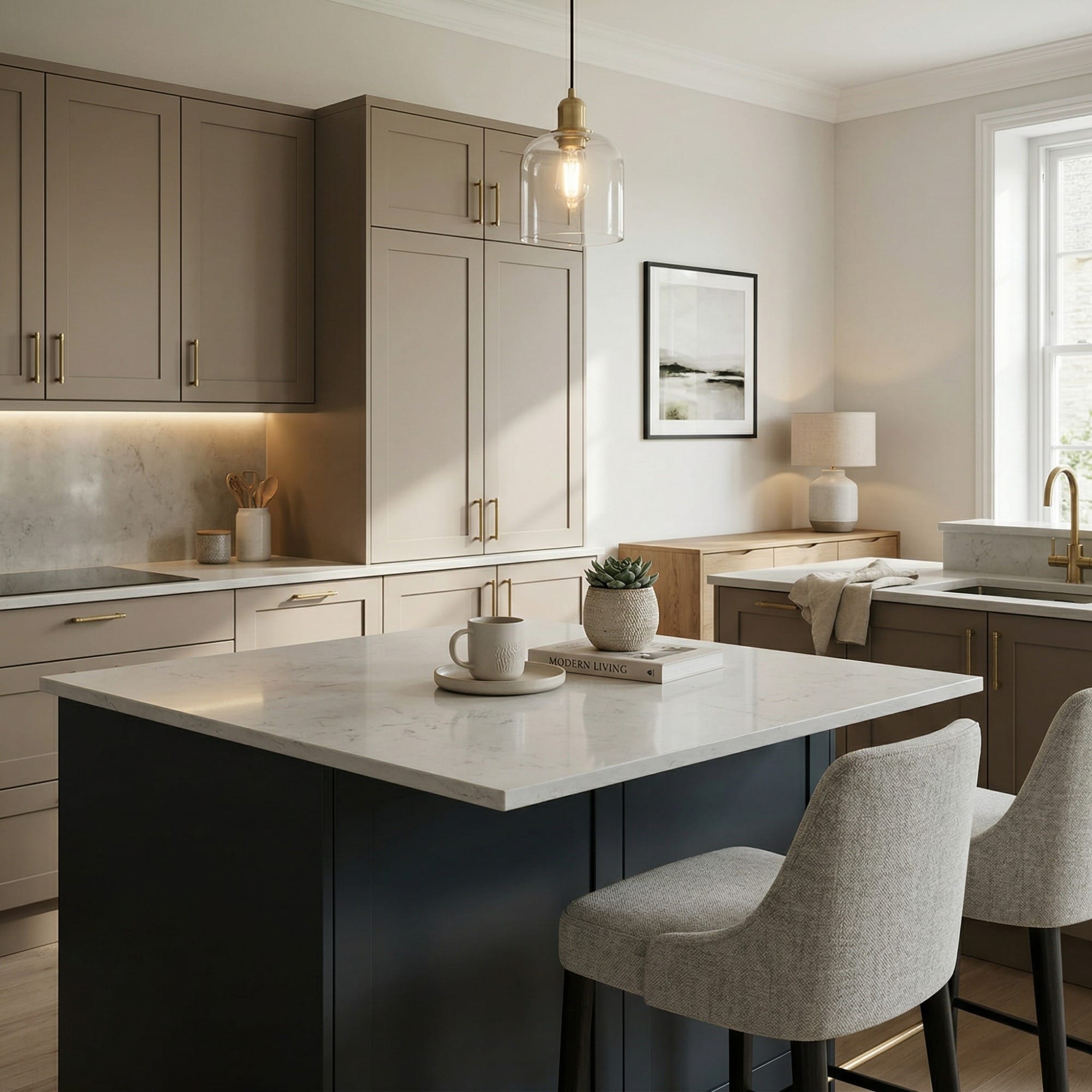 Bespoke kitchen island detail, timber veneer slab-door cabinetry with quality joinery