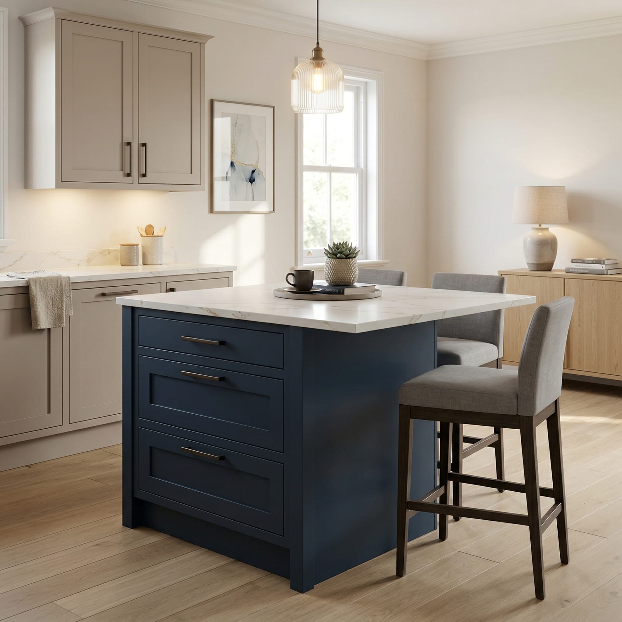 square1_800x800-35 Bespoke kitchen island detail, matt painted handleless slab cabinetry with quality joinery