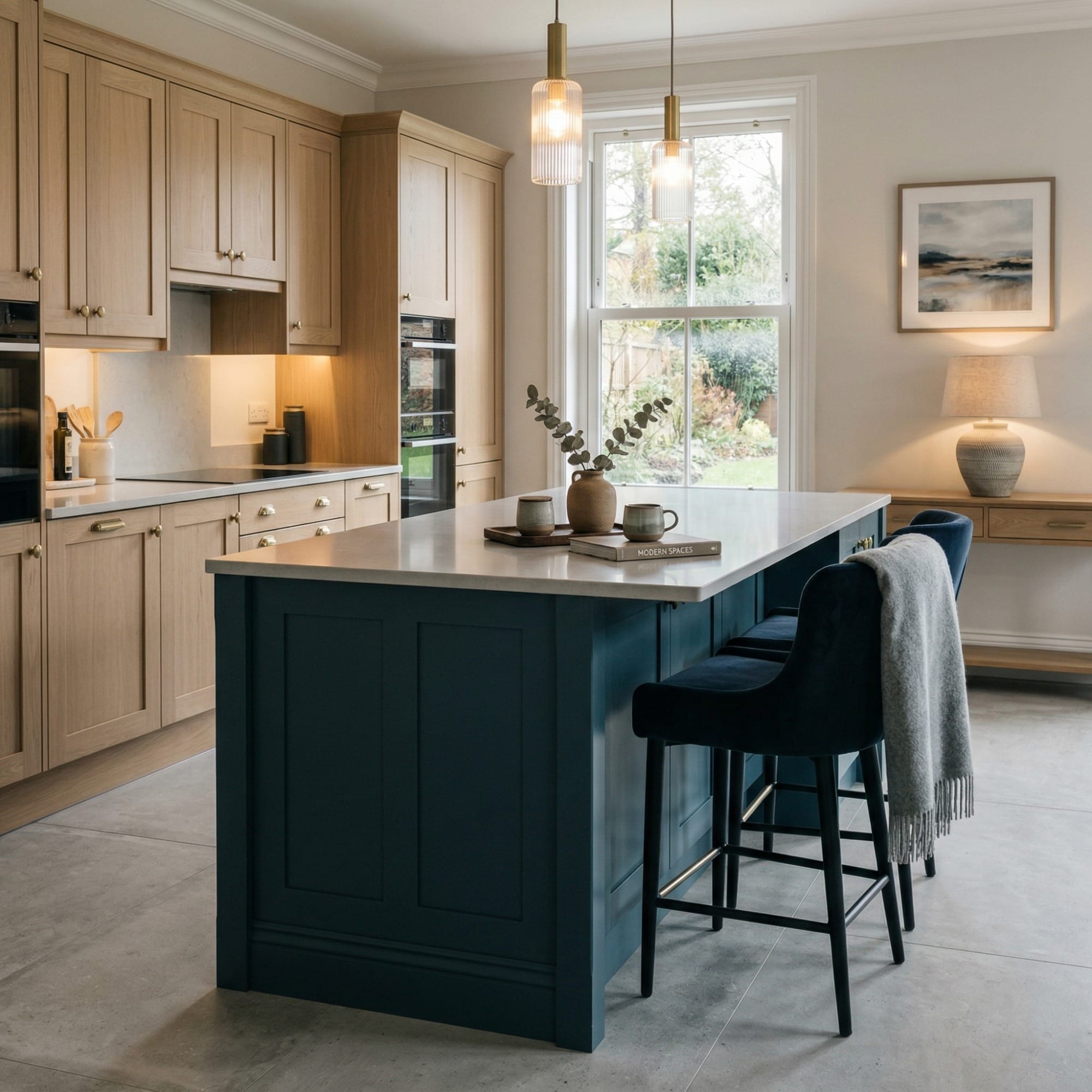 Bespoke kitchen island detail, contemporary painted lay-on cabinetry with quality joinery