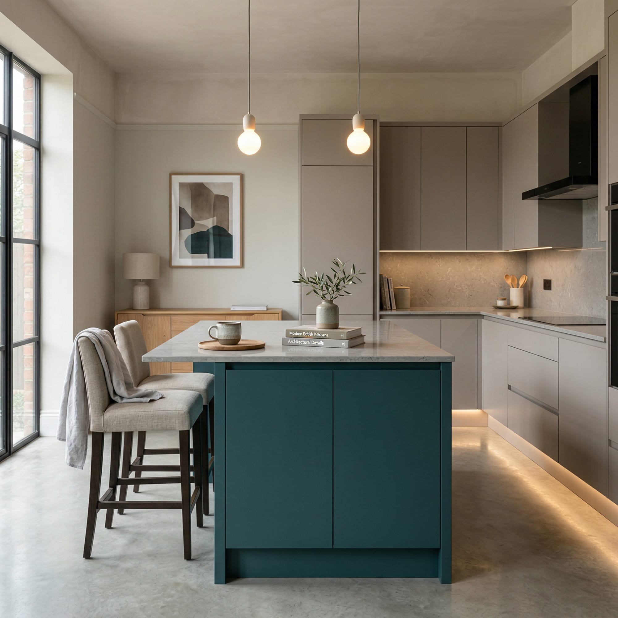 Bespoke kitchen island detail, timber veneer slab-door cabinetry with quality joinery