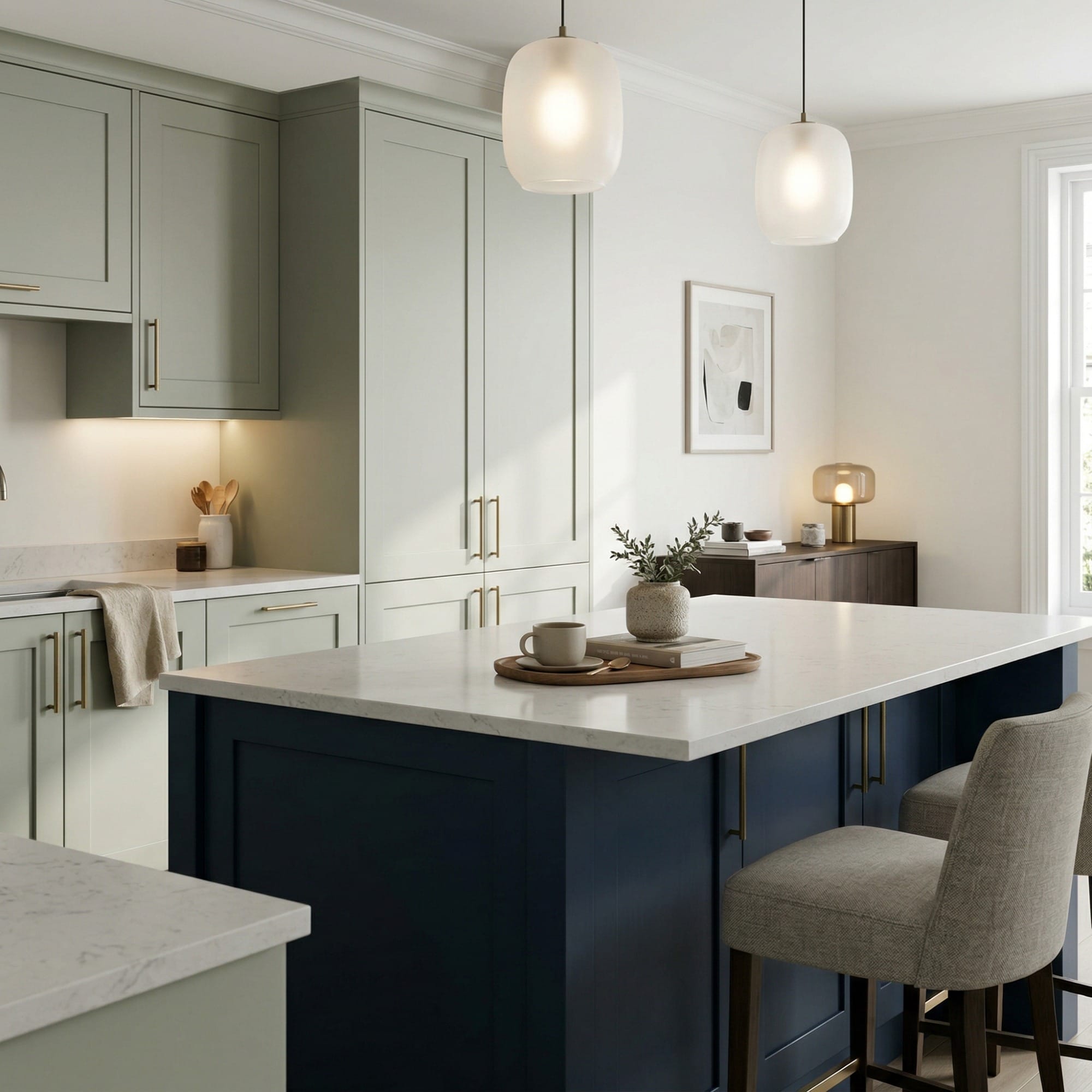 Bespoke kitchen island detail, contemporary painted lay-on cabinetry with quality joinery
