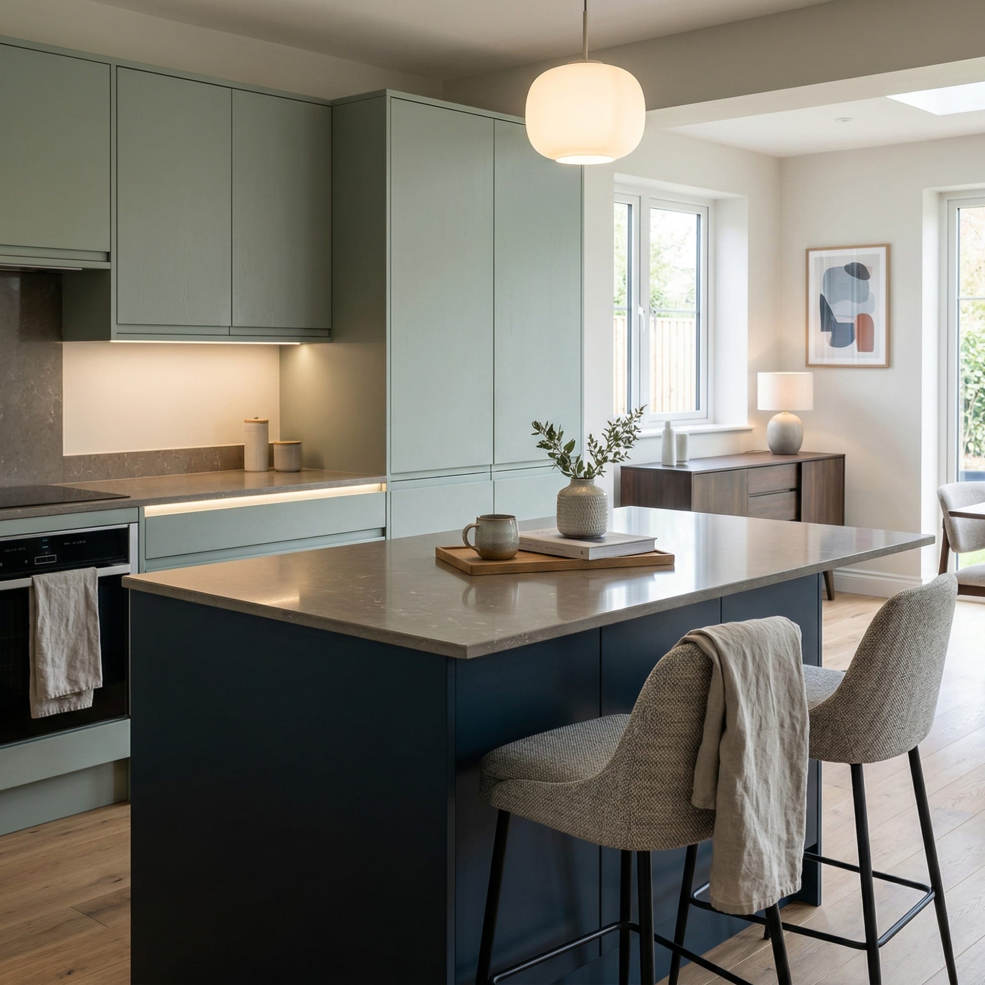 Bespoke kitchen island detail, timber veneer slab-door cabinetry with quality joinery