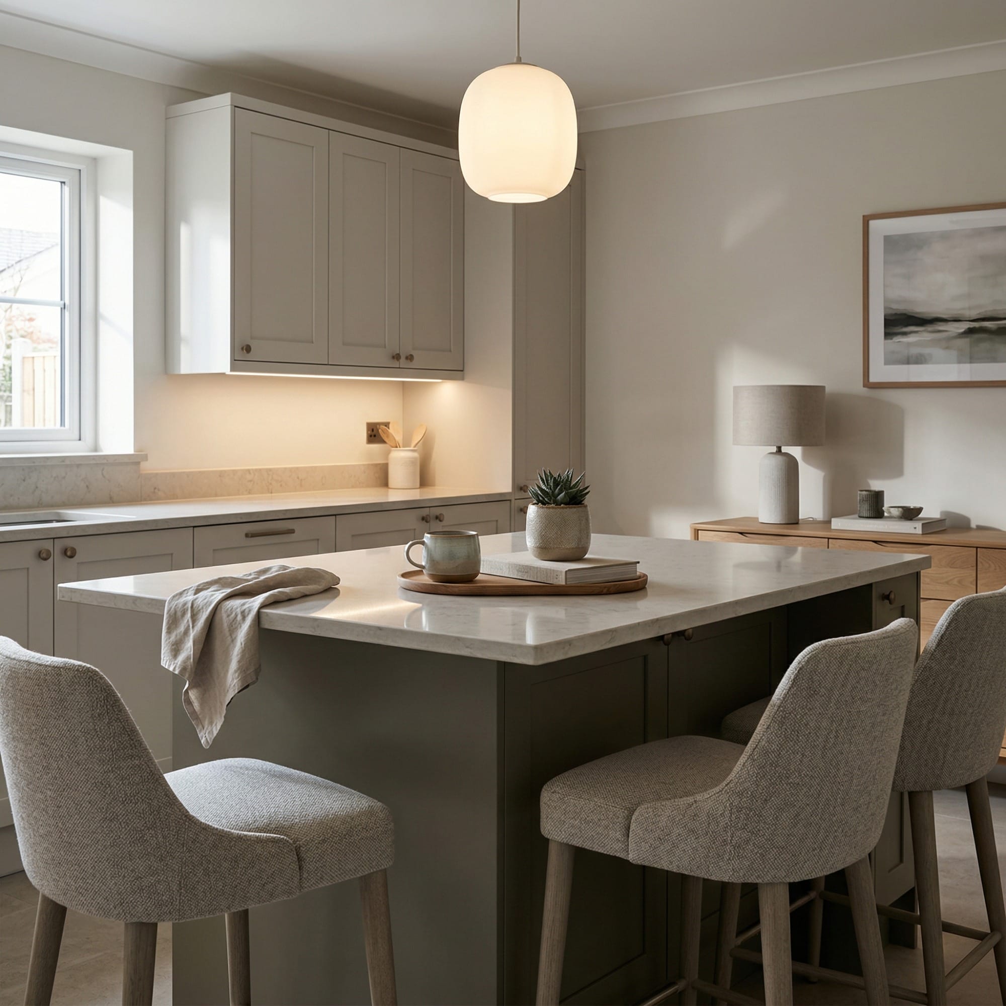 Bespoke kitchen island detail, contemporary painted lay-on cabinetry with quality joinery