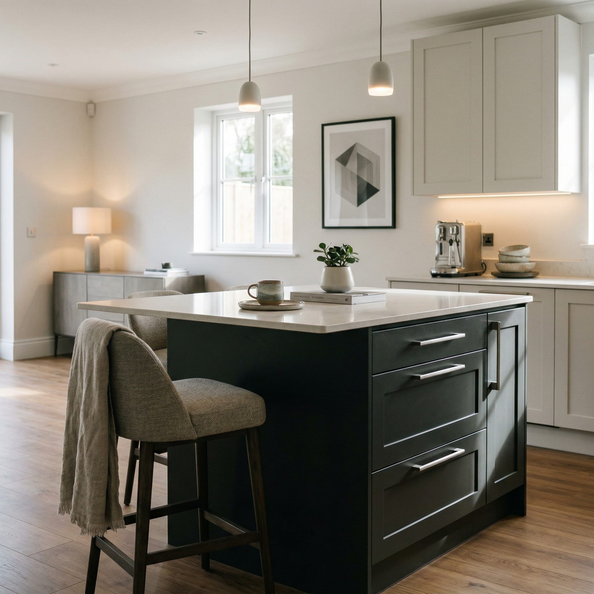 Kitchen island detail, matt painted handleless slab cabinetry with quality joinery by Mastercraft
