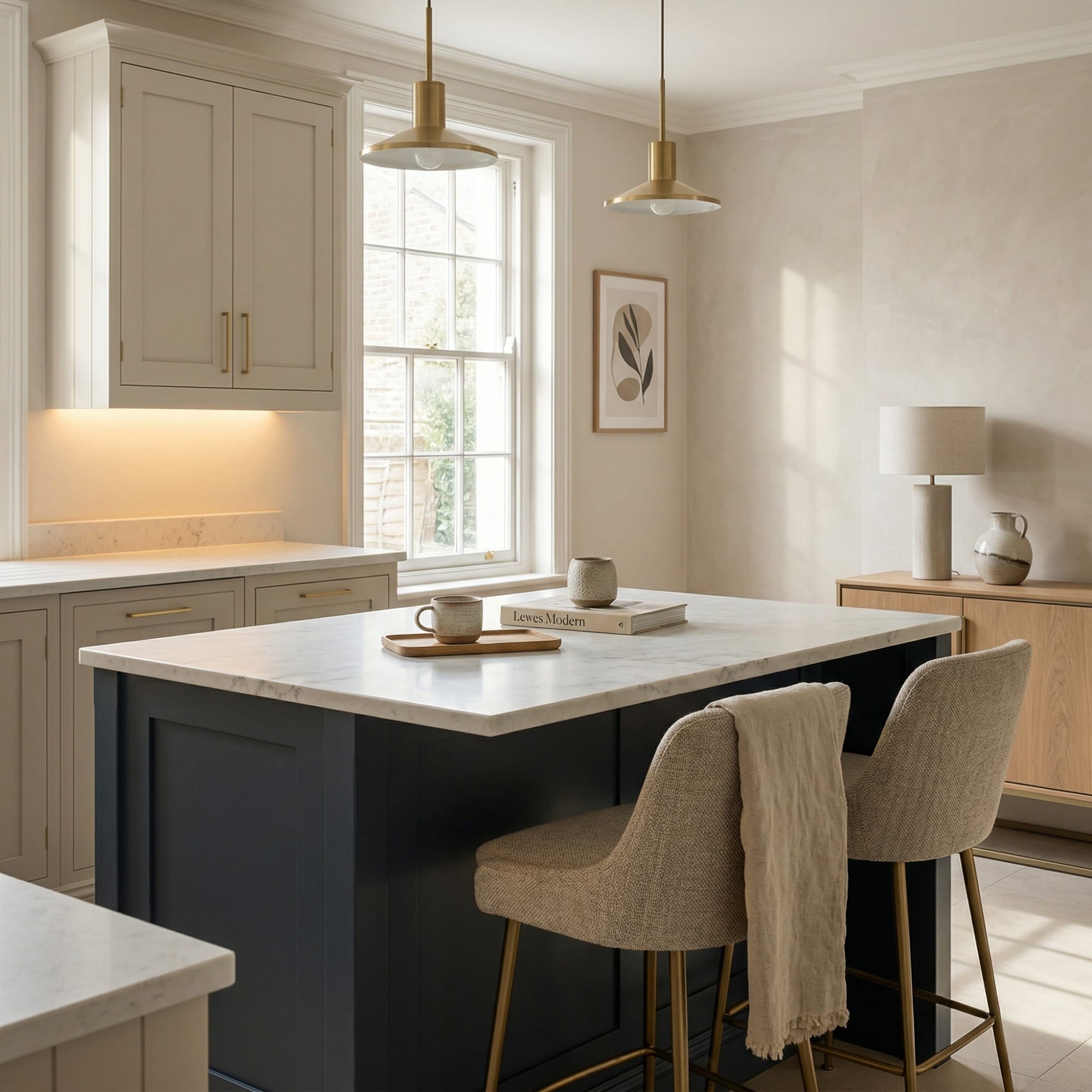 Kitchen island detail, matt painted handleless slab cabinetry with quality joinery by Mastercraft