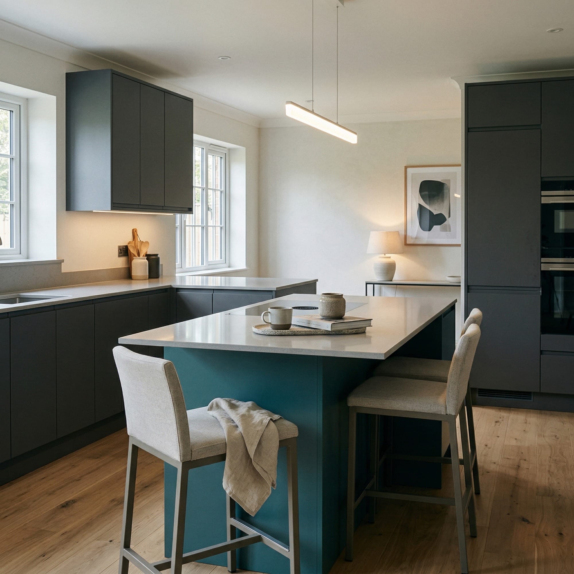 Kitchen island detail, matt painted handleless slab cabinetry with quality joinery by Mastercraft