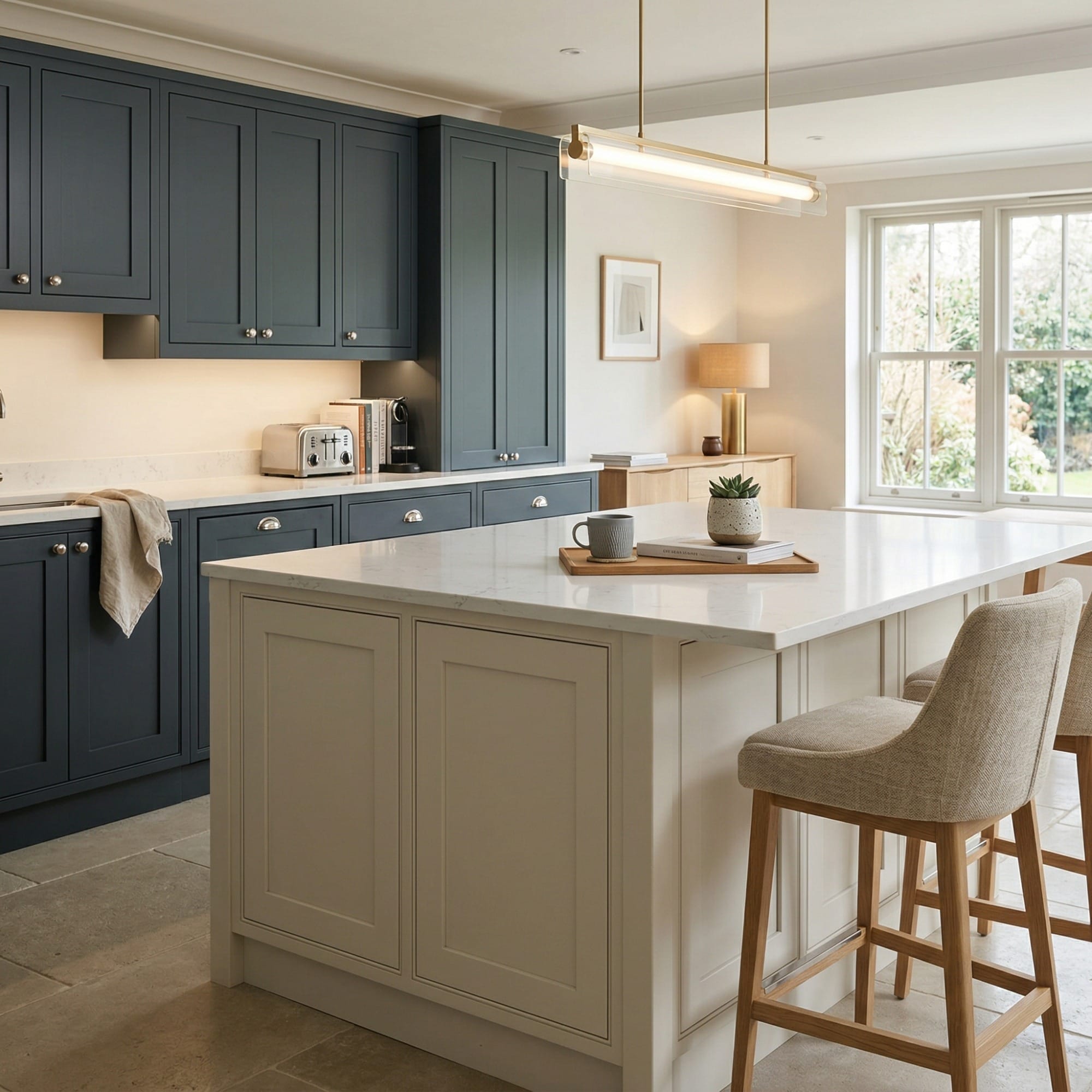 Kitchen island detail, contemporary painted lay-on cabinetry with quality joinery by Mastercraft