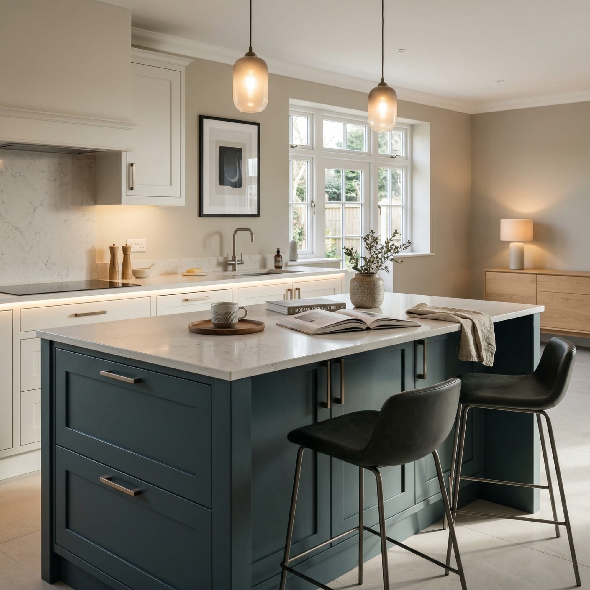 Kitchen island detail, timber veneer slab-door cabinetry with quality joinery by Mastercraft