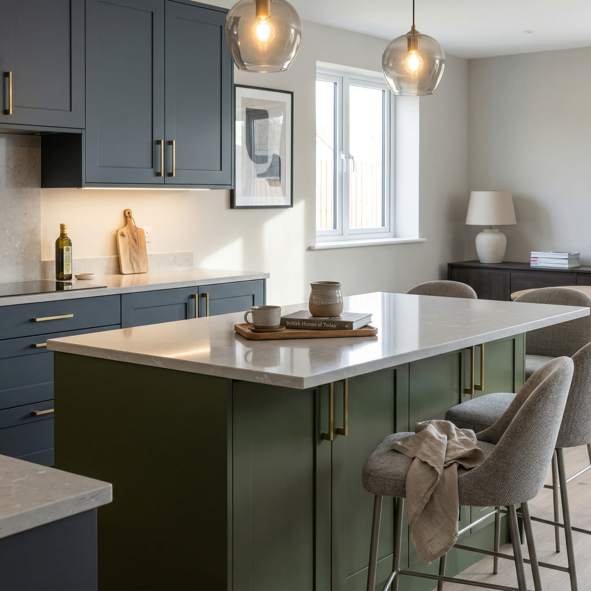 Kitchen island detail, matt painted handleless slab cabinetry with quality joinery by Mastercraft