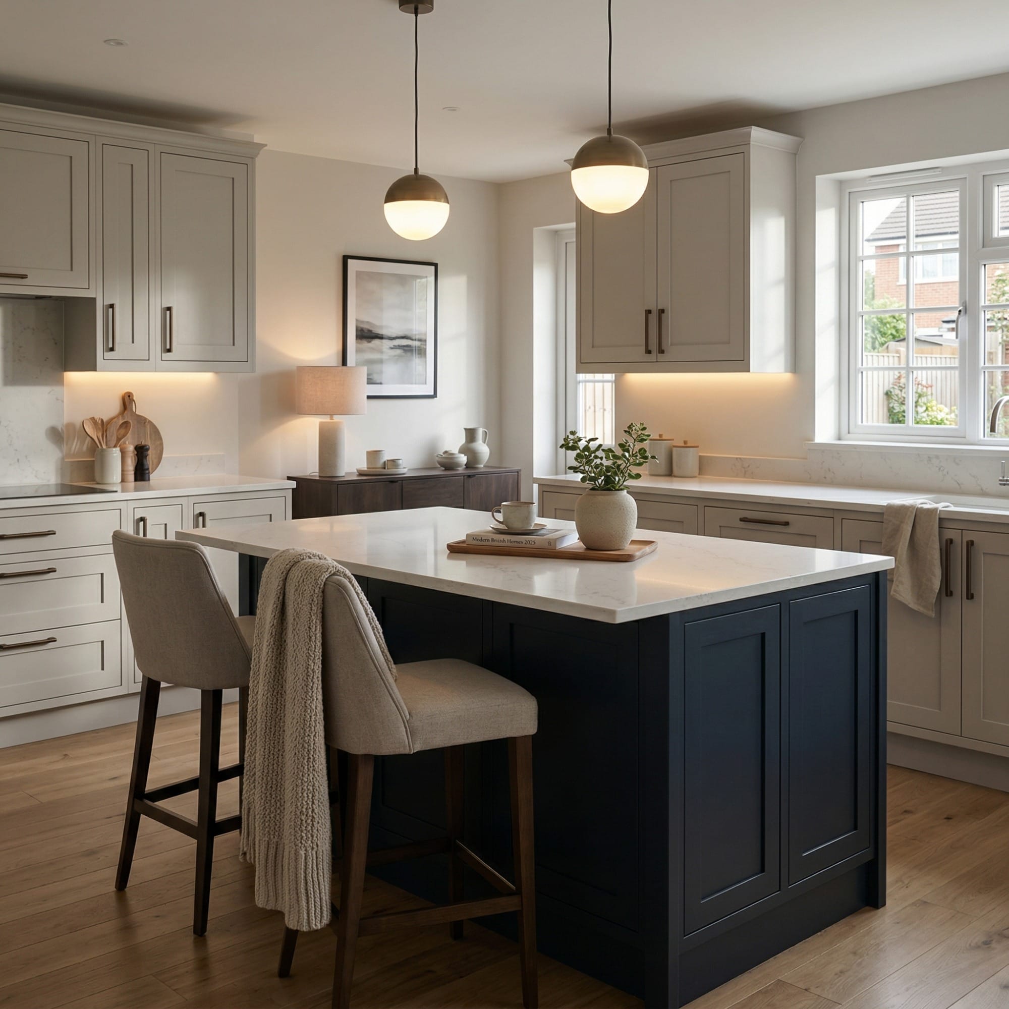 Kitchen island detail, matt painted handleless slab cabinetry with quality joinery by Mastercraft